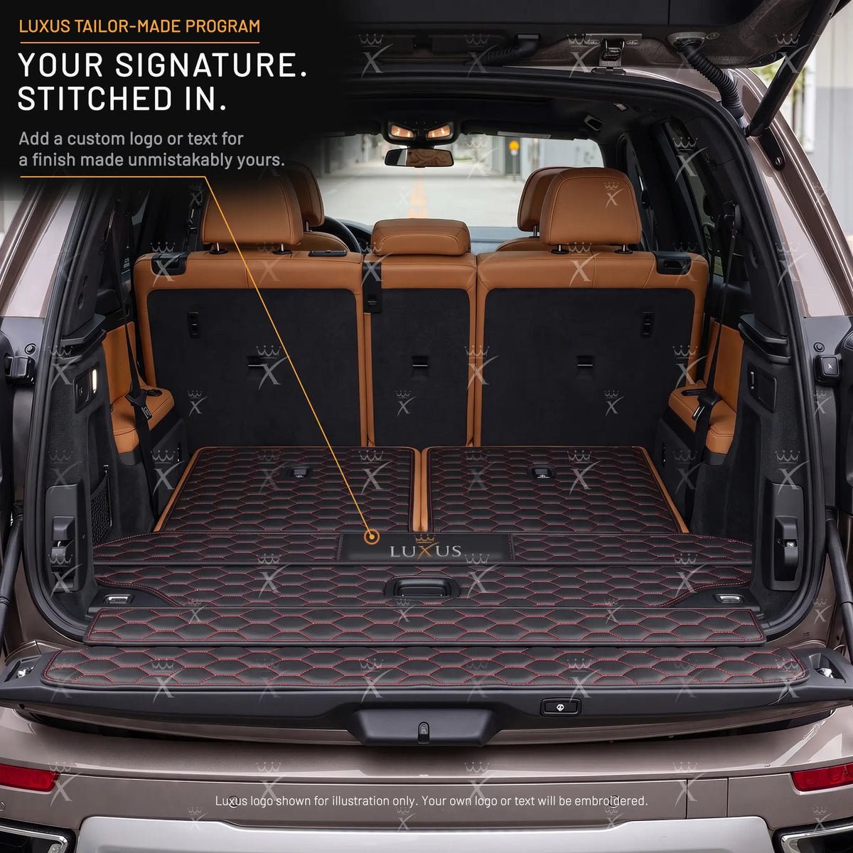 Luxus Honeycomb BaseFit Series Trunk Mat | Black & Red Stitching