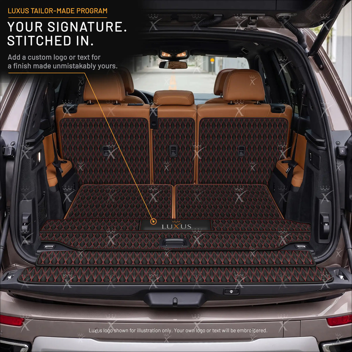 Luxus Twin-Diamond XtendFit Series Trunk Mat | Black & Red Stitching