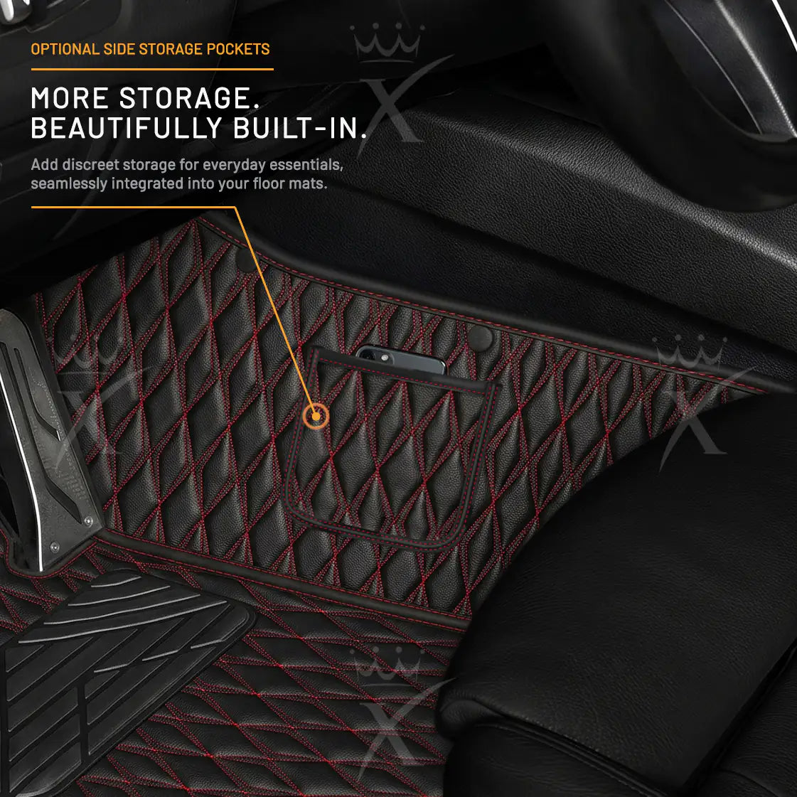 Luxus Twin-Diamond Double Layer Series Floor Mats | Black & Red Stitching & Sahara Stone Top Carpet