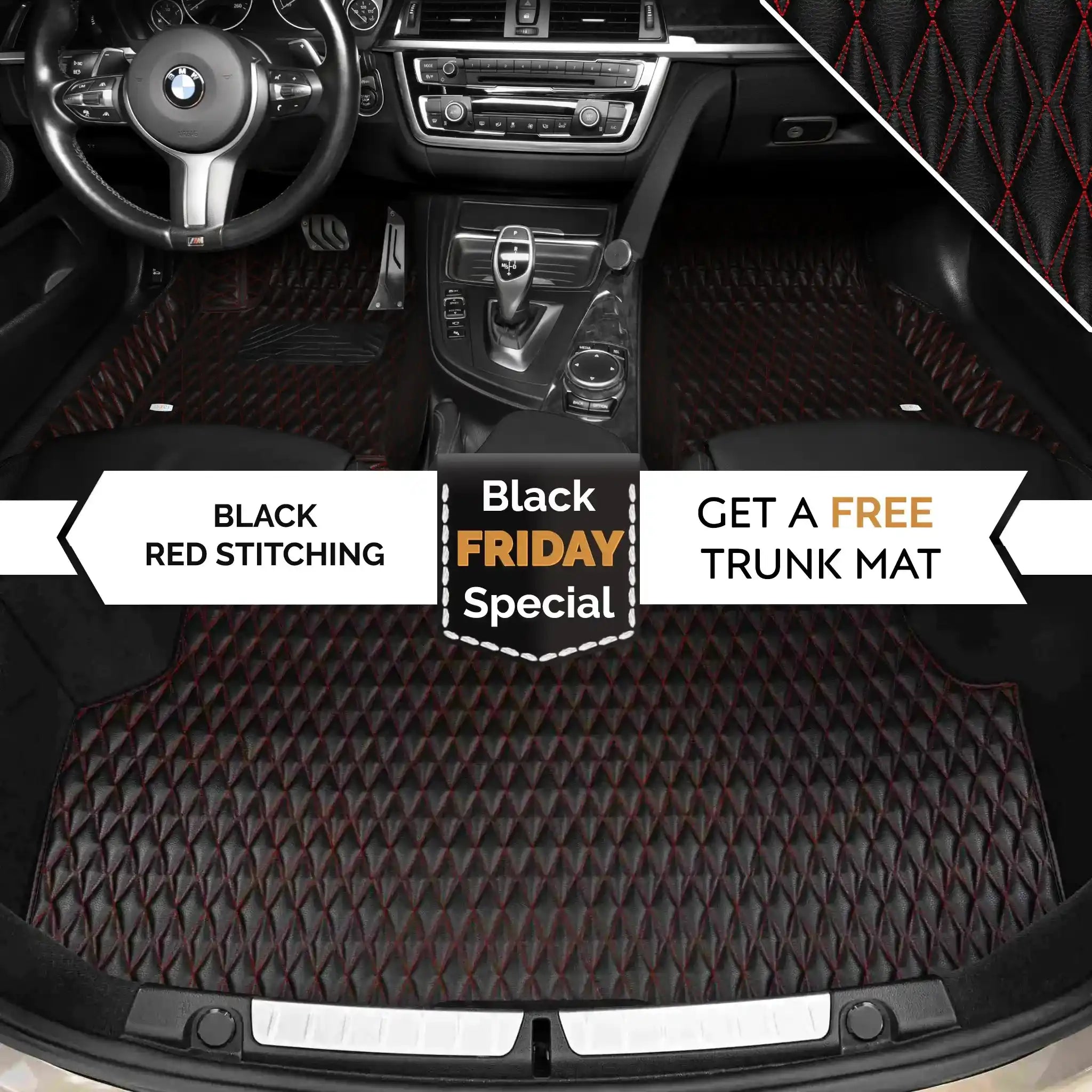 Luxus Premium Twin-Diamond Custom Luxury Car Mats Set | Black & Red Stitching