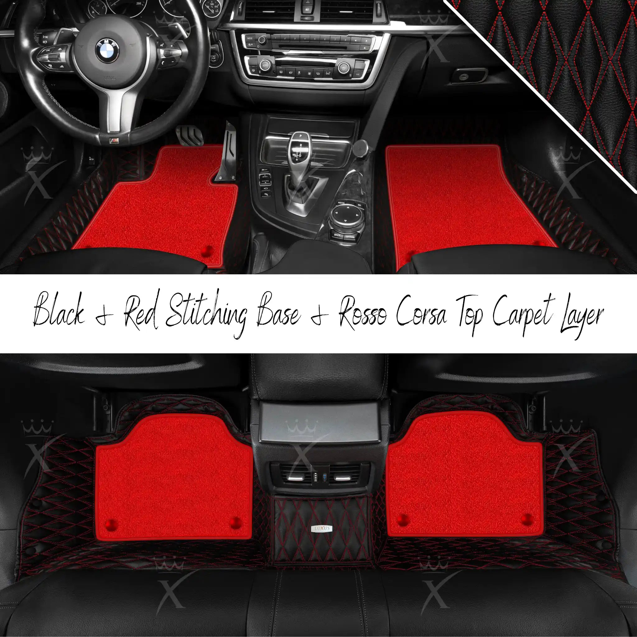 Black & Red Stitching Twin Diamond & Rosso Corsa Carpet | Double Layer Luxury Car Mats Set