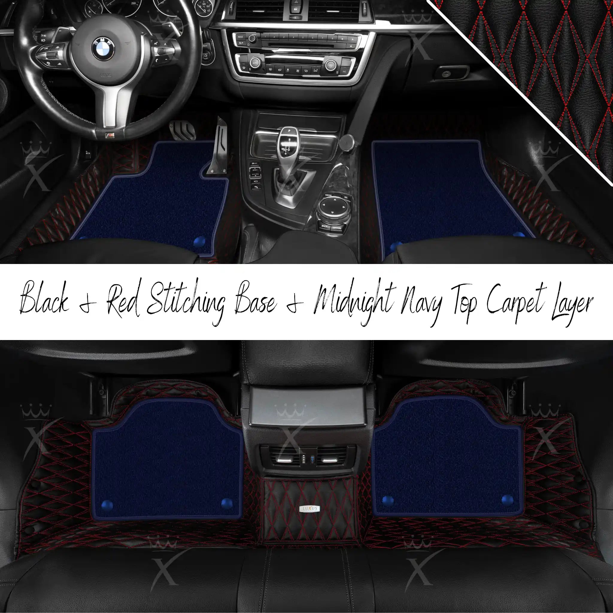 Black & Red Stitching Twin Diamond & Midnight Navy Carpet | Double Layer Luxury Car Mats Set