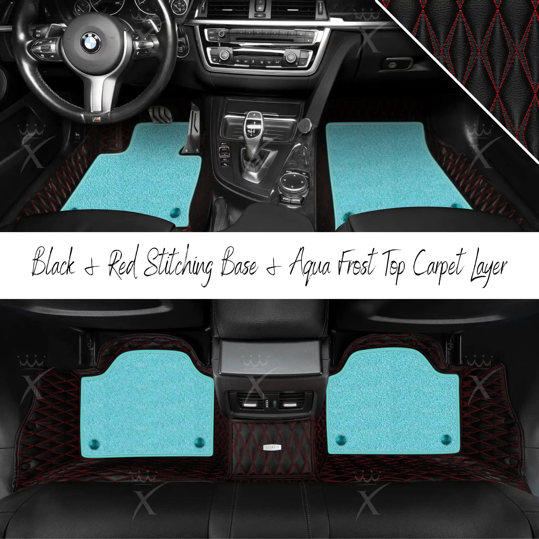 Black & Red Stitching Twin Diamond & Aqua Frost Carpet | Double Layer Luxury Car Mats Set
