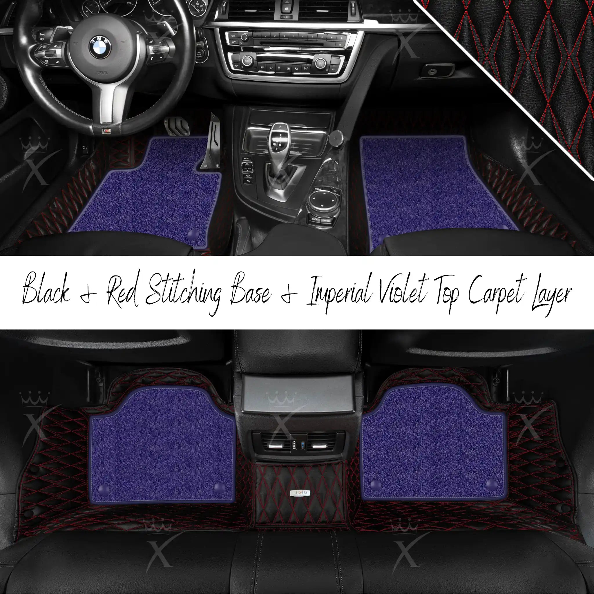 Black & Red Stitching Twin Diamond & Imperial Violet Carpet | Double Layer Luxury Car Mats Set