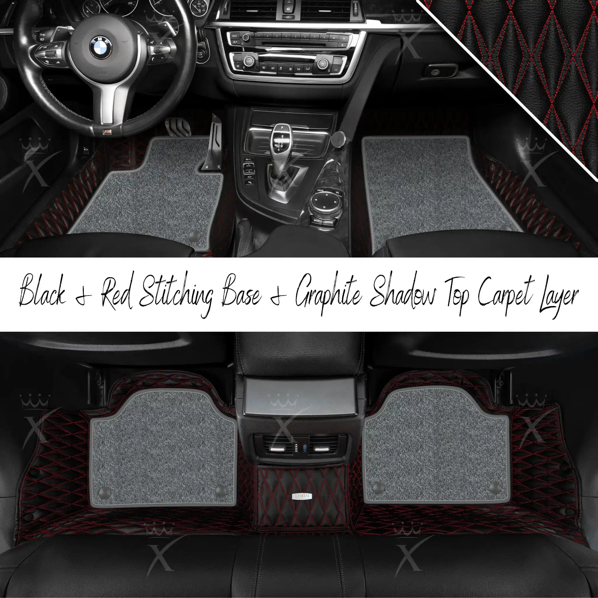 Black & Red Stitching Twin Diamond & Graphite Shadow Carpet | Double Layer Luxury Car Mats Set