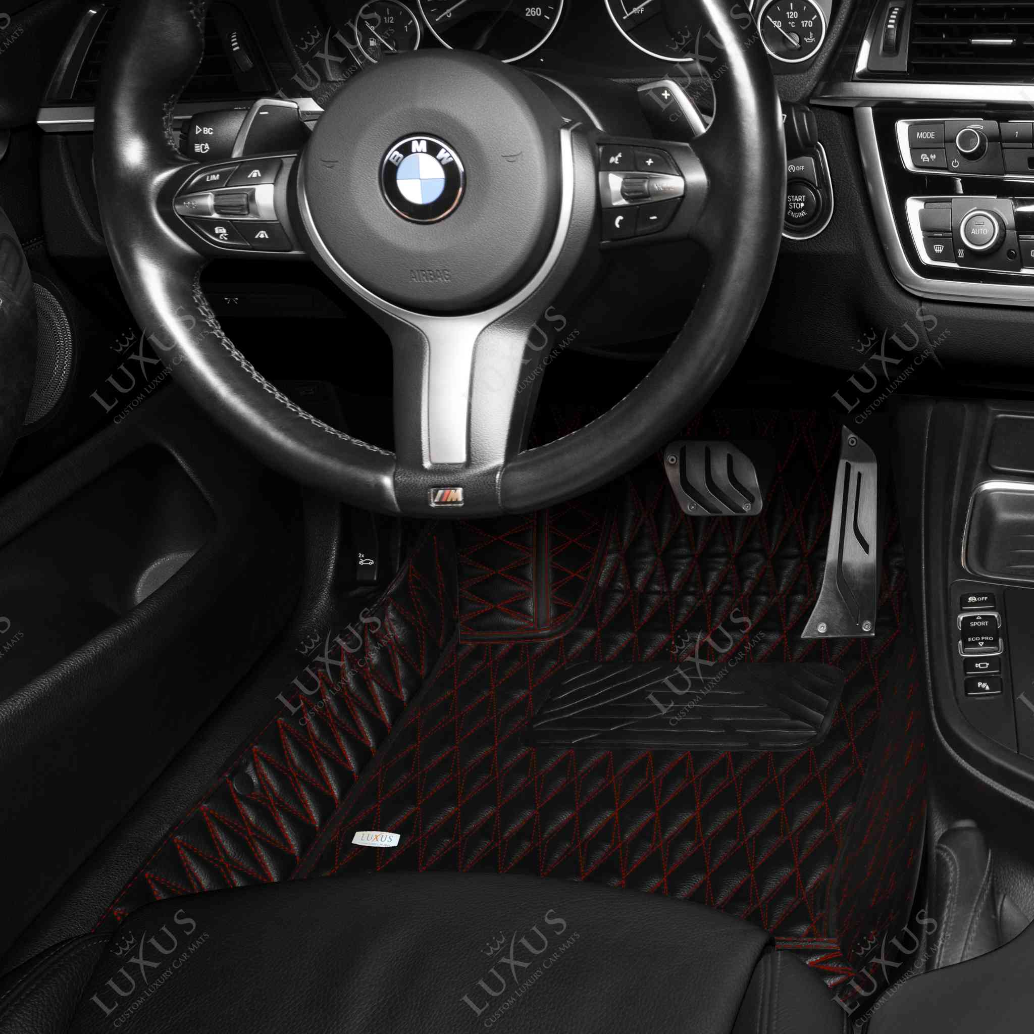 Luxus Premium Twin-Diamond Custom Luxury Car Mats Set | Black & Red Stitching