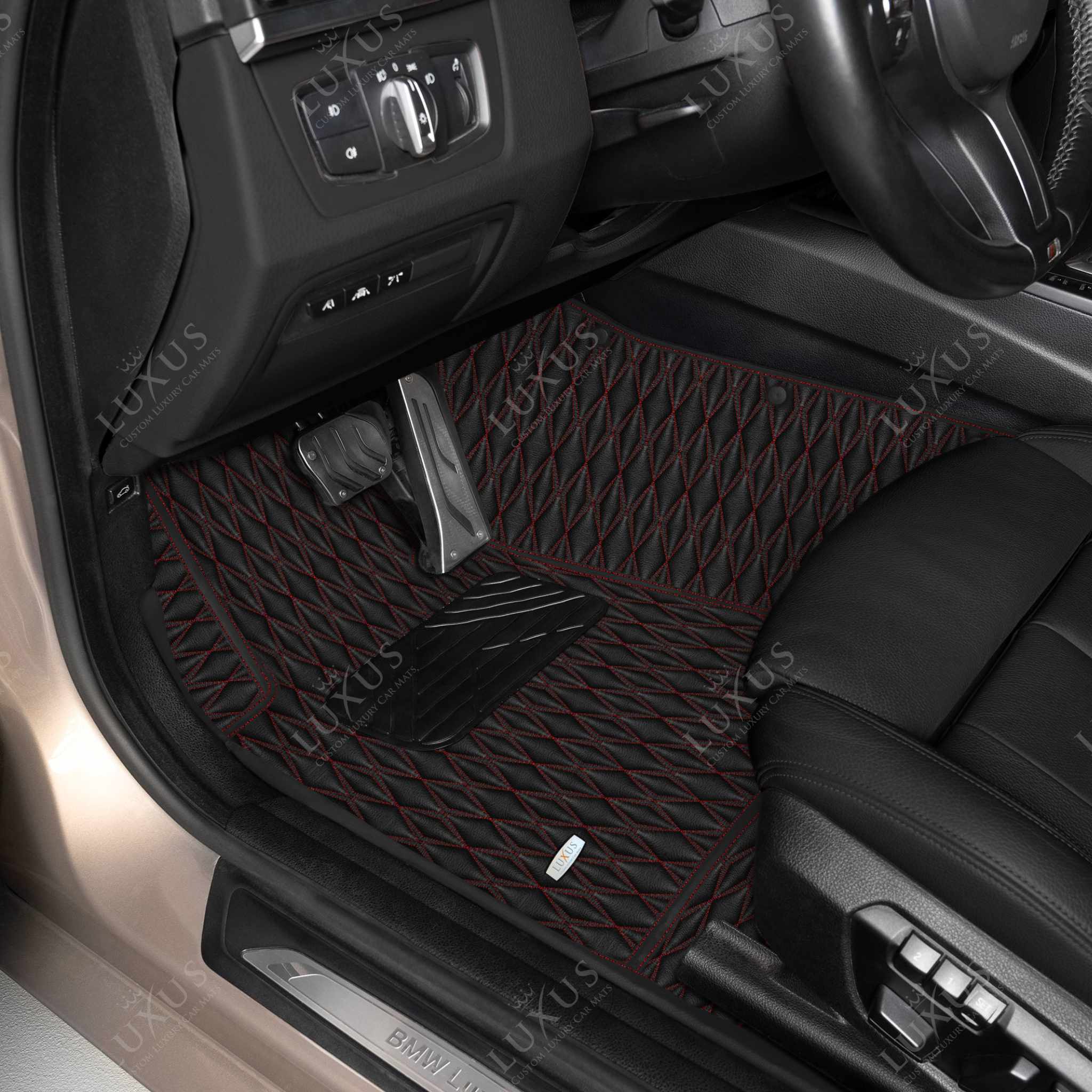 Luxus Premium Twin-Diamond Custom Luxury Car Mats Set | Black & Red Stitching