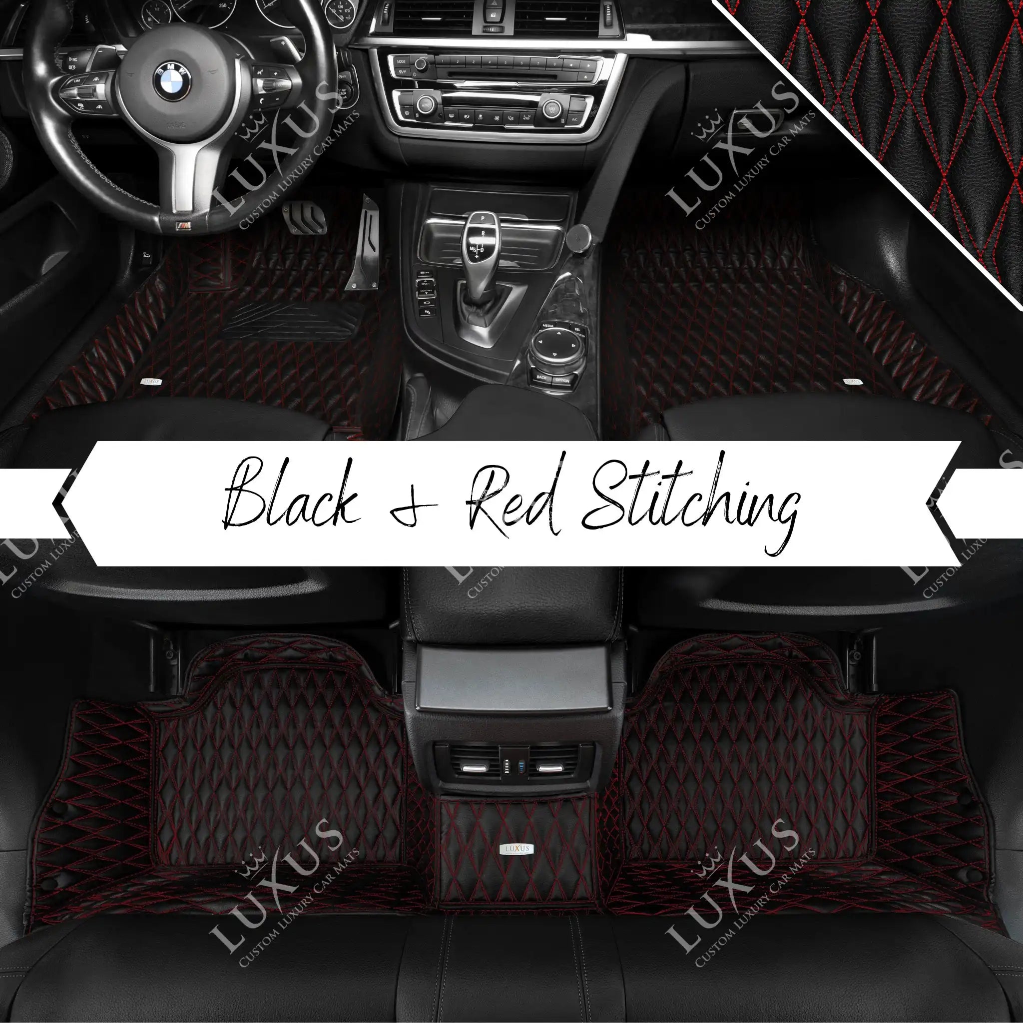 Luxus Premium Twin-Diamond Custom Luxury Car Mats Set | Black & Red Stitching