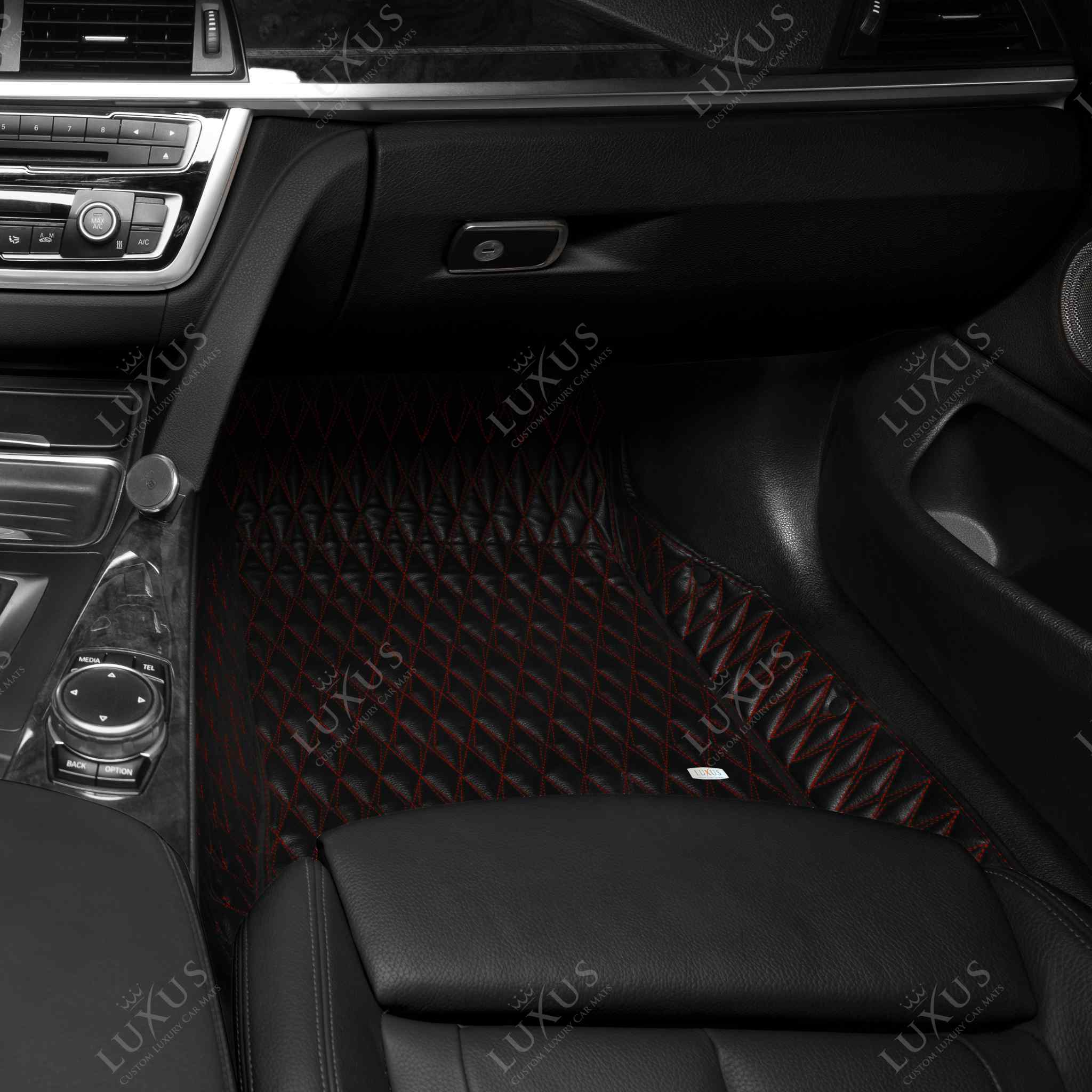 Luxus Premium Twin-Diamond Custom Luxury Car Mats Set | Black & Red Stitching