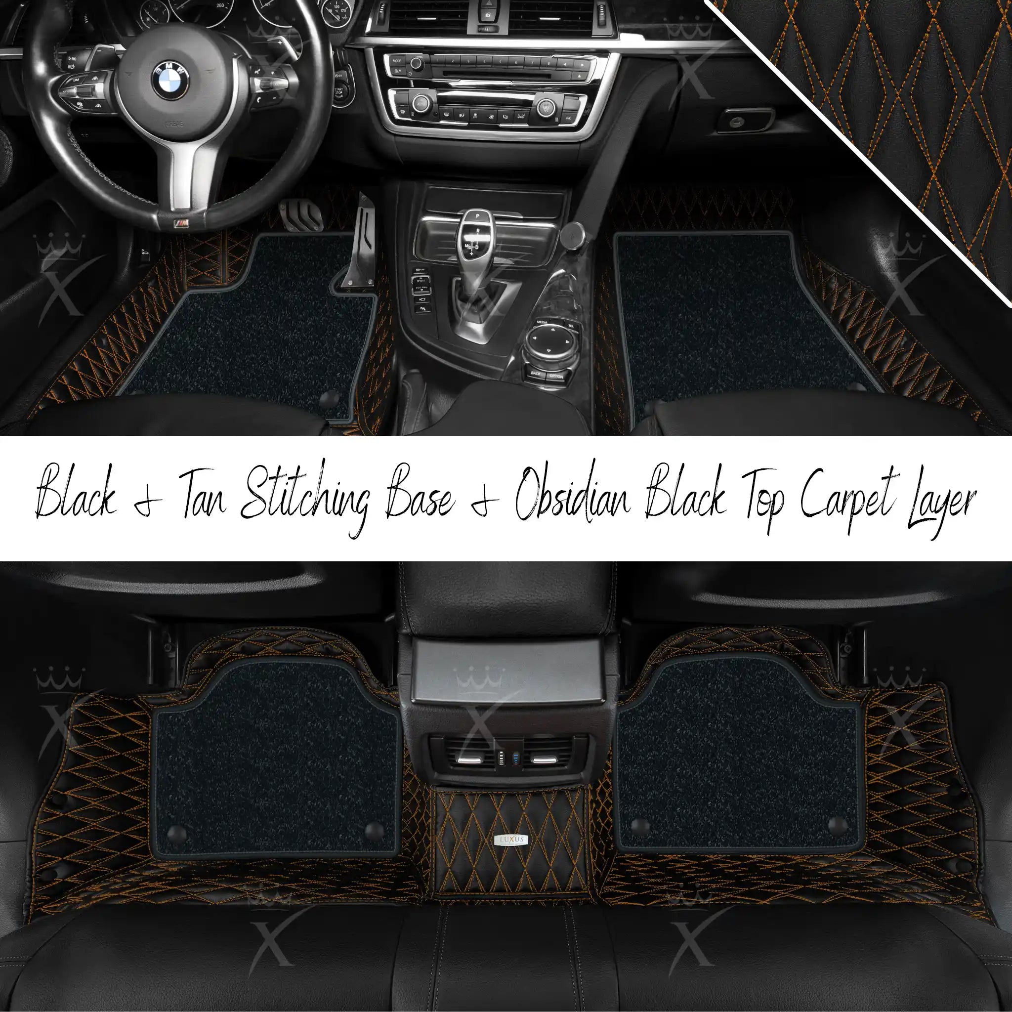 Black & Tan Stitching Twin Diamond & Obsidian Black Carpet | Double Layer Luxury Car Mats Set