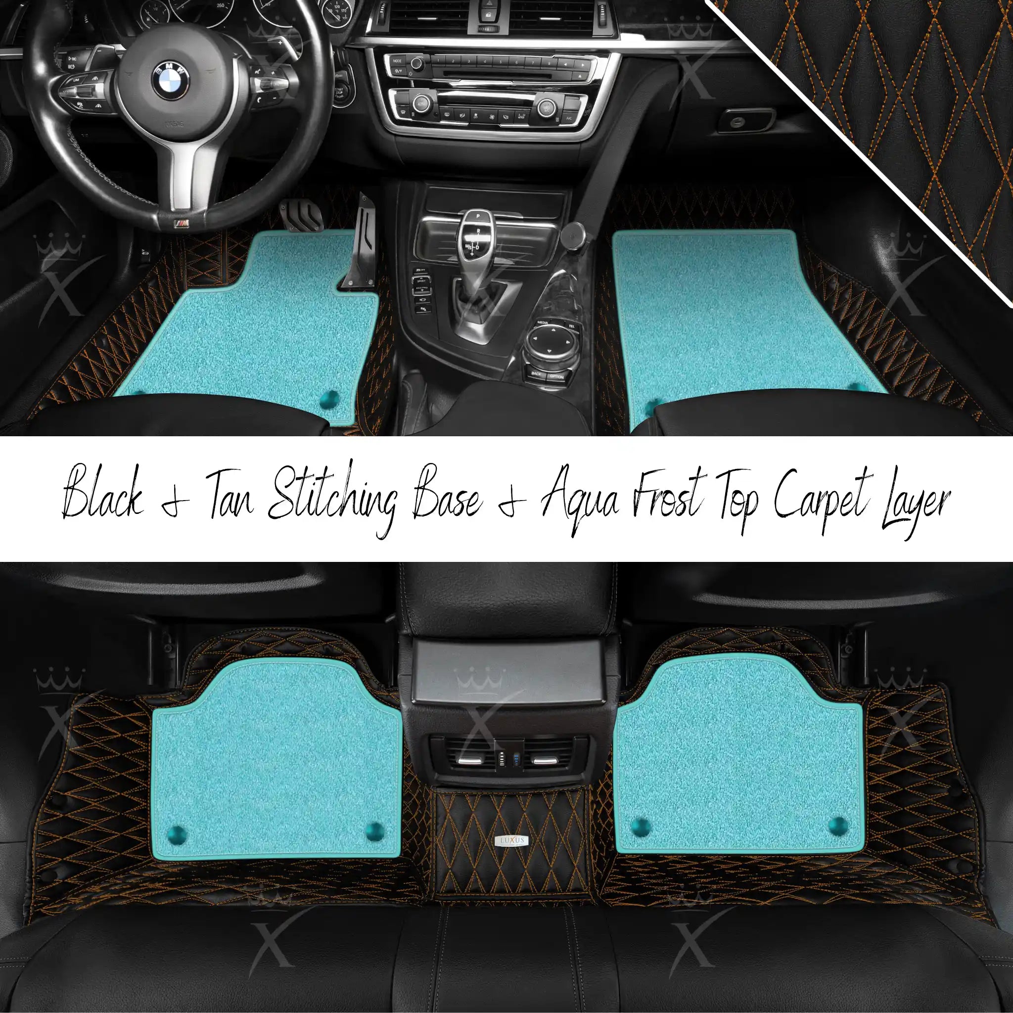 Black & Tan Stitching Twin Diamond & Aqua Frost Carpet | Double Layer Luxury Car Mats Set
