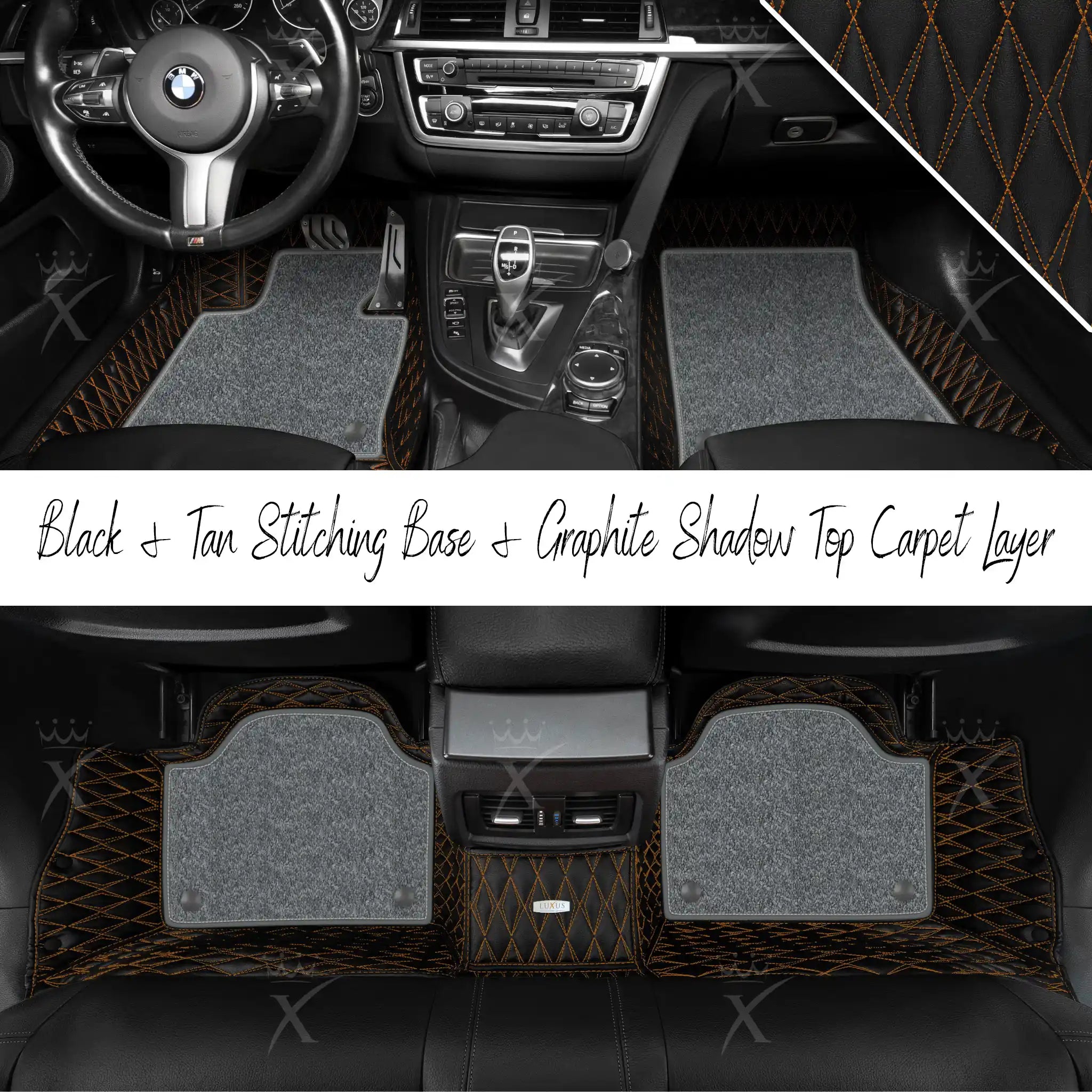 Black & Tan Stitching Twin Diamond & Graphite Shadow Carpet | Double Layer Luxury Car Mats Set