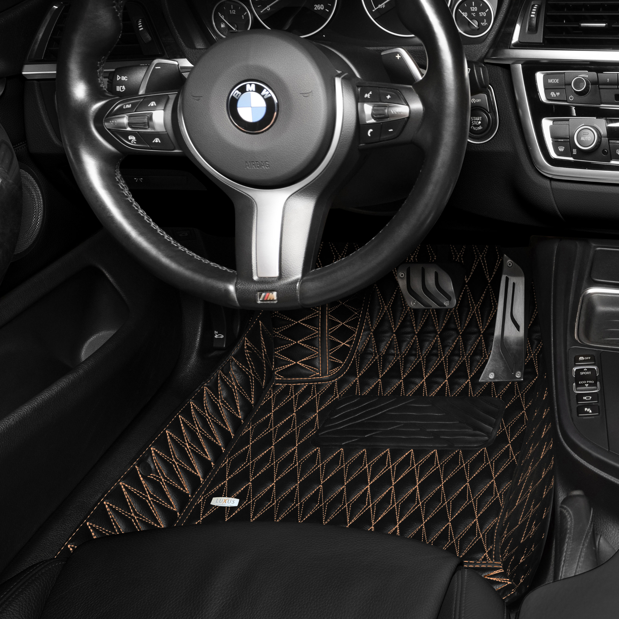 Luxus Premium Twin-Diamond Custom Luxury Car Mats Set | Black & Tan Stitching