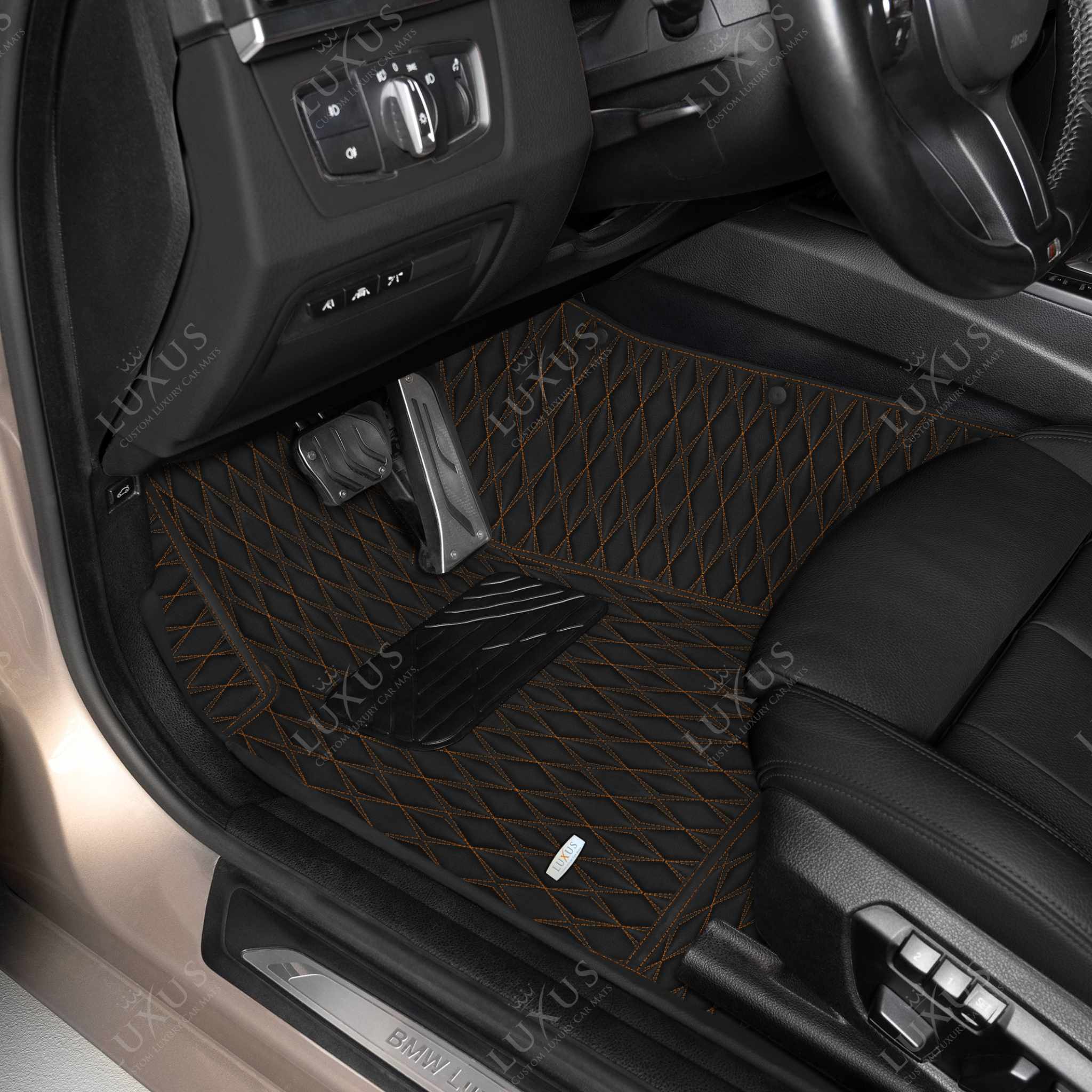 Luxus Premium Twin-Diamond Custom Luxury Car Mats Set | Black & Tan Stitching