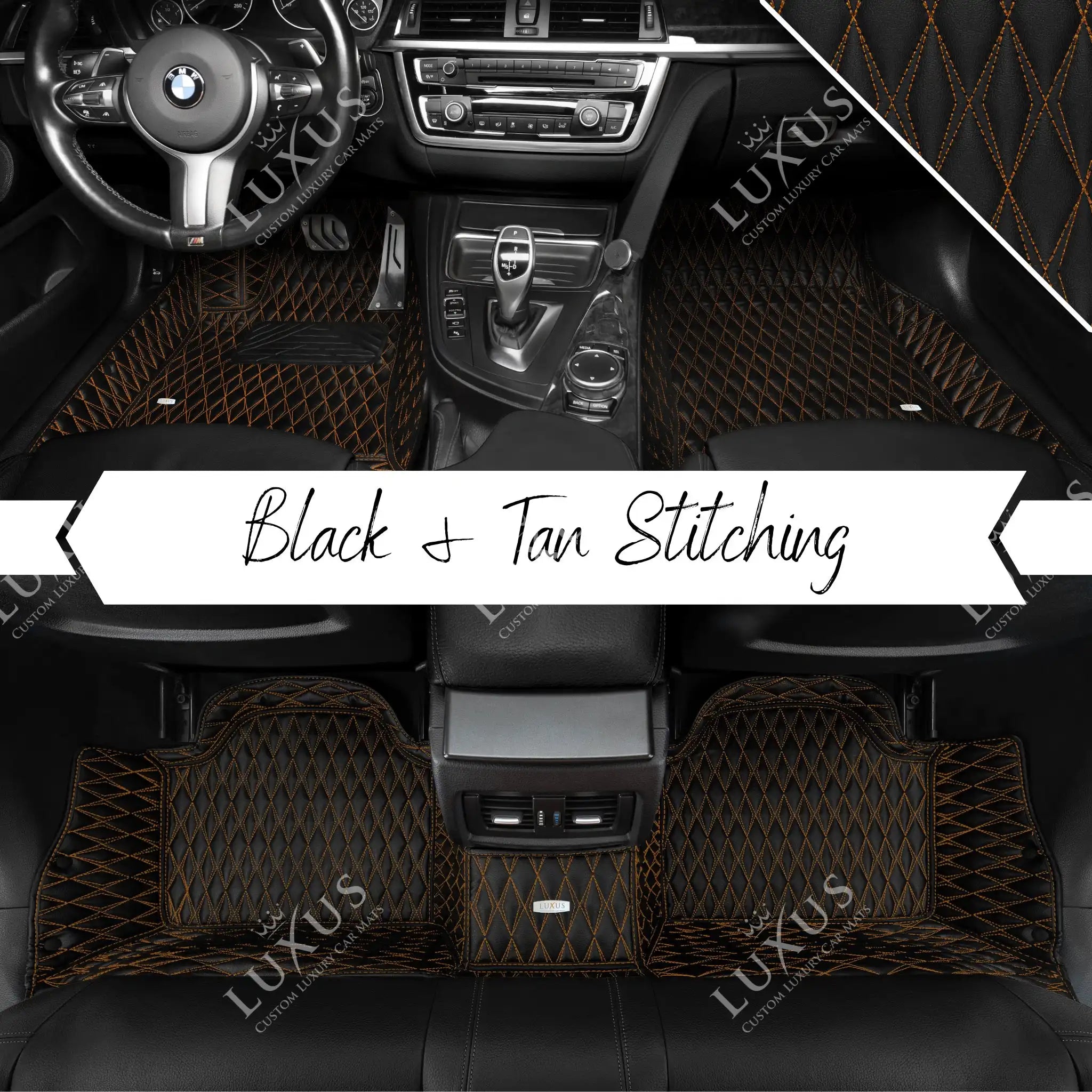 Luxus Premium Twin-Diamond Custom Luxury Car Mats Set | Black & Tan Stitching