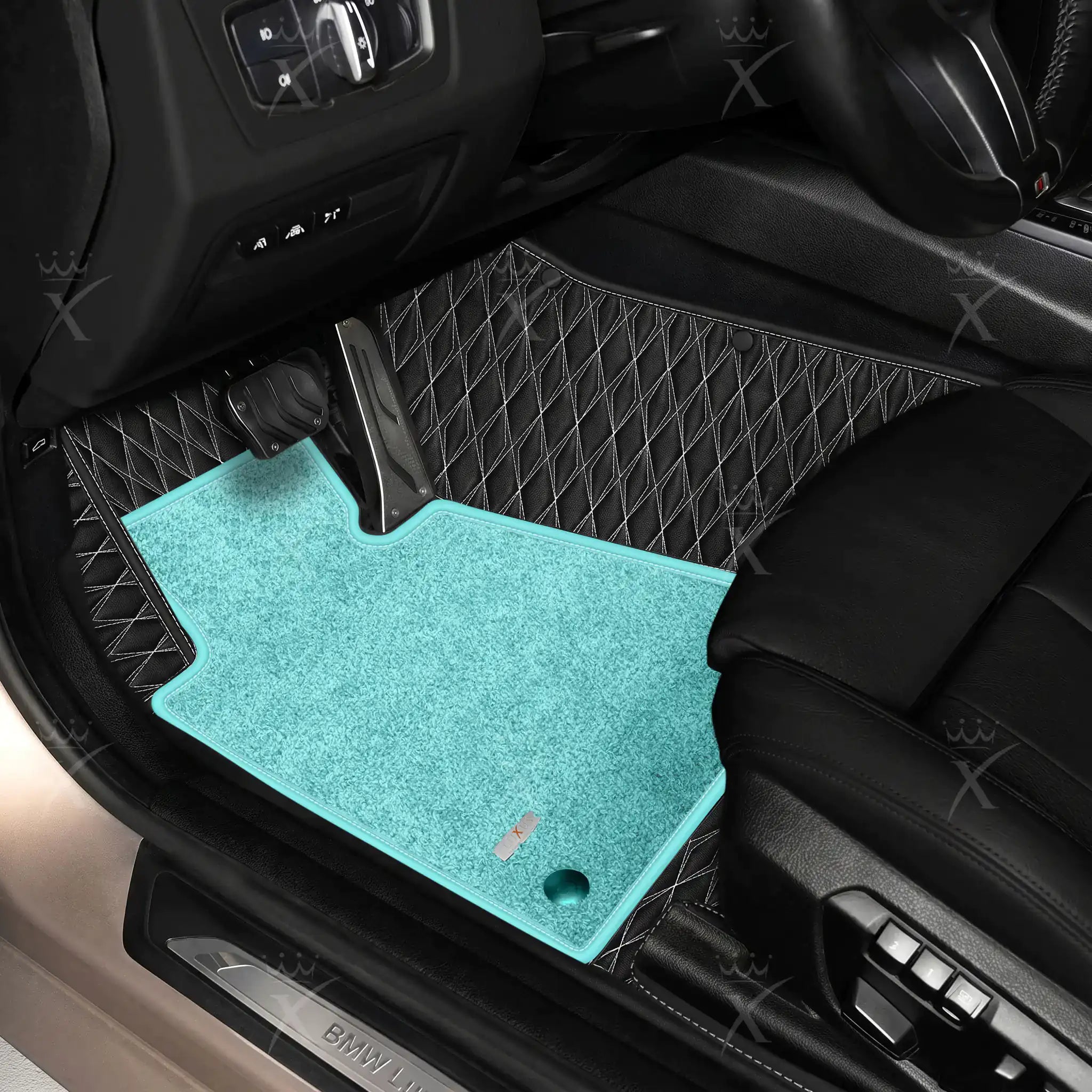 Luxus Twin-Diamond Double Layer Series Floor Mats | Black & White Stitching & Aqua Frost Top Carpet