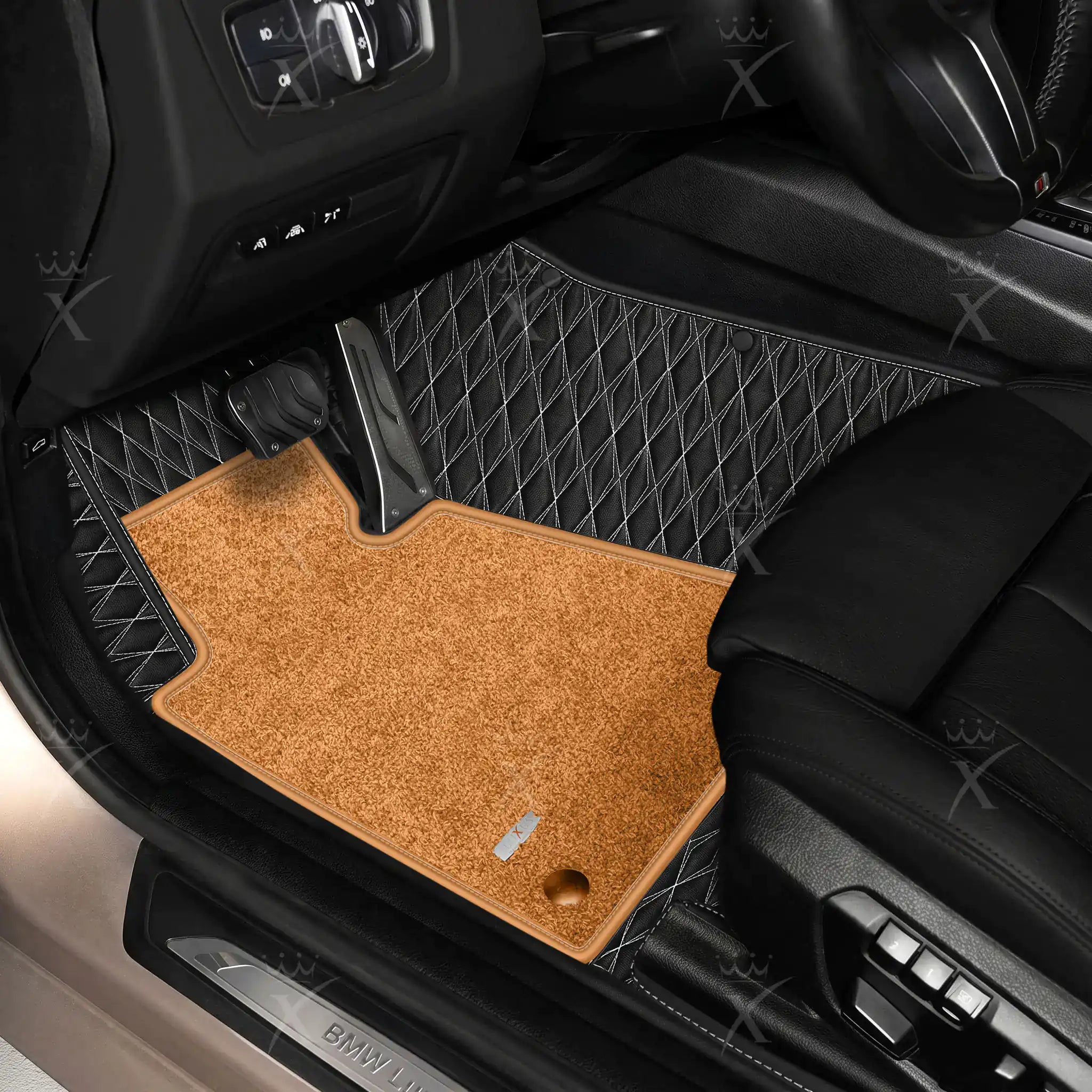 Luxus Twin-Diamond Double Layer Series Floor Mats | Black & White Stitching & Cognac Tan Top Carpet