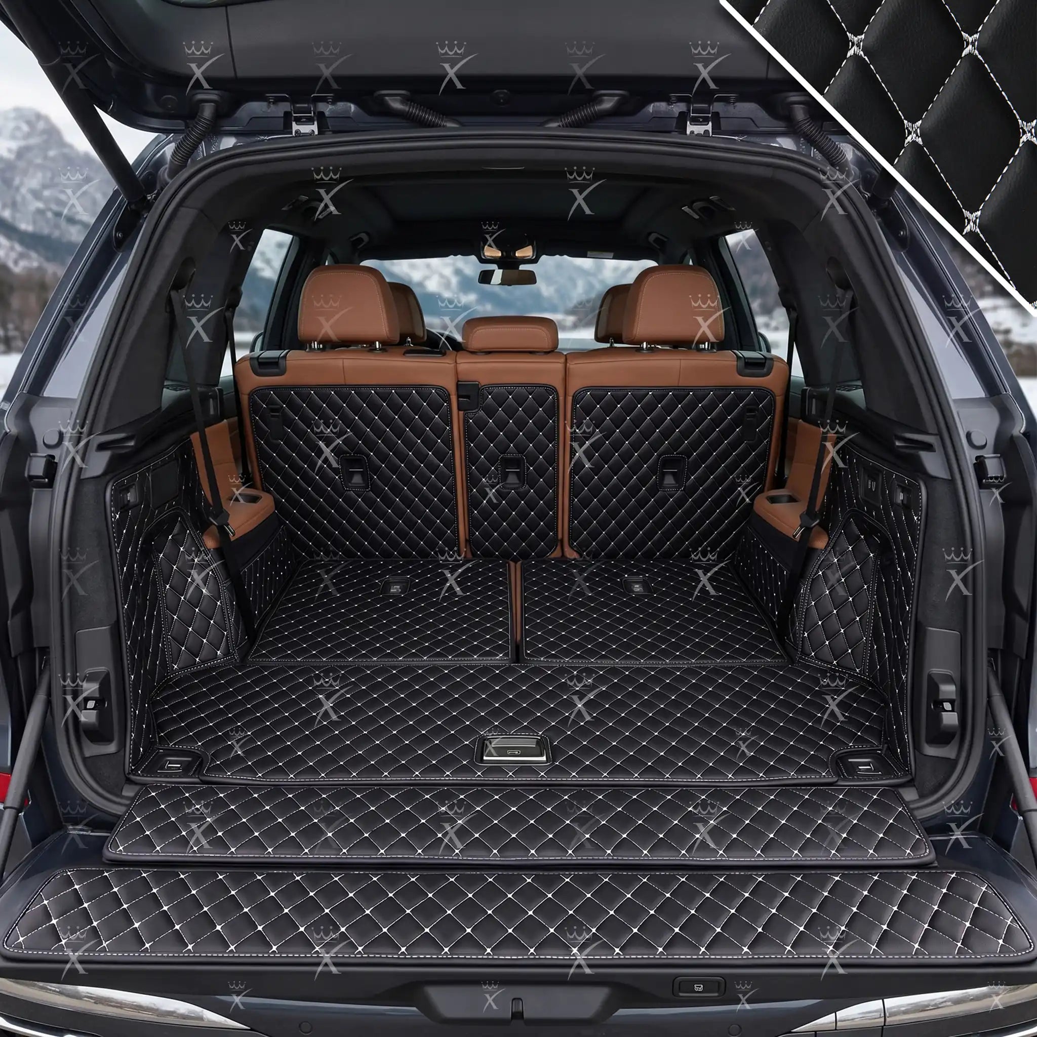 Luxus Car Mats™ – 3D-Luxus-Leder-Kofferraum-/Kofferraummatte mit schwarzen und weißen Nähten