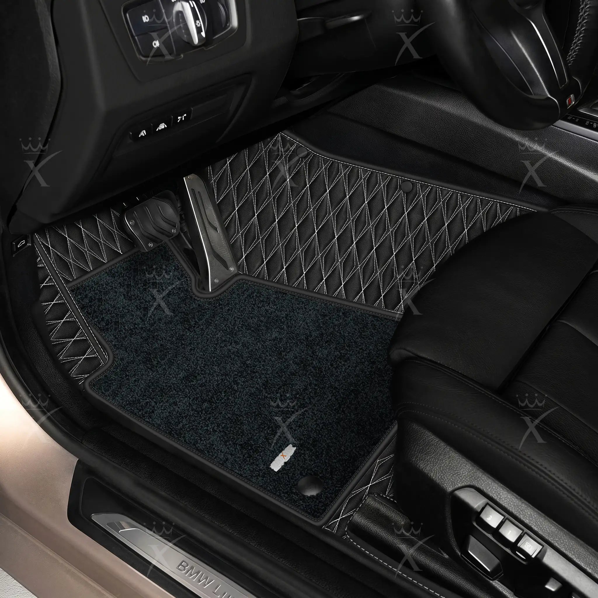 Luxus Twin-Diamond Double Layer Series Floor Mats | Black & White Stitching & Obsidian Black Top Carpet