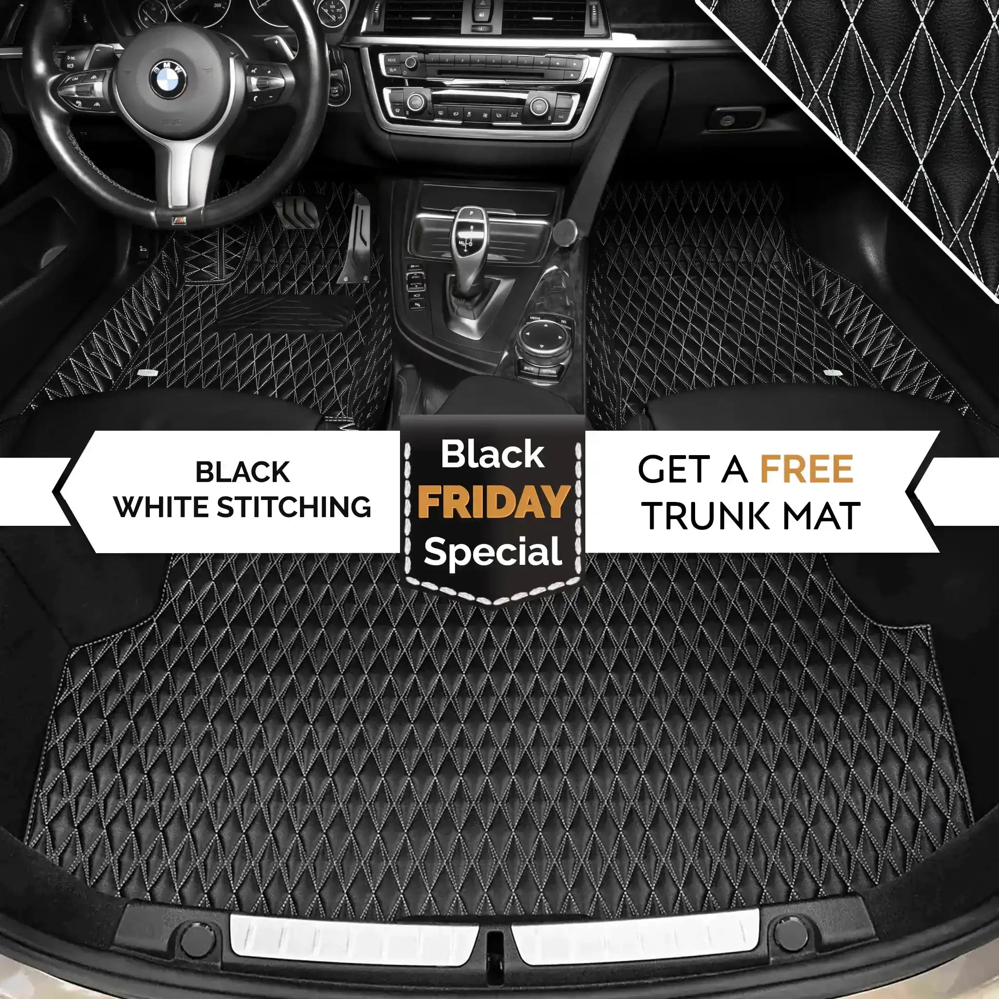 Luxus Premium Twin-Diamond Custom Luxury Car Mats Set | Black & White Stitching