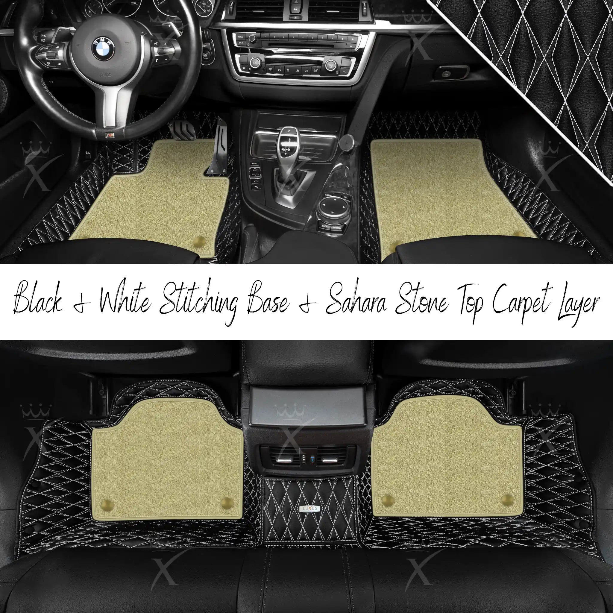Black & White Stitching Twin Diamond & Sahara Stone Carpet | Double Layer Luxury Car Mats Set