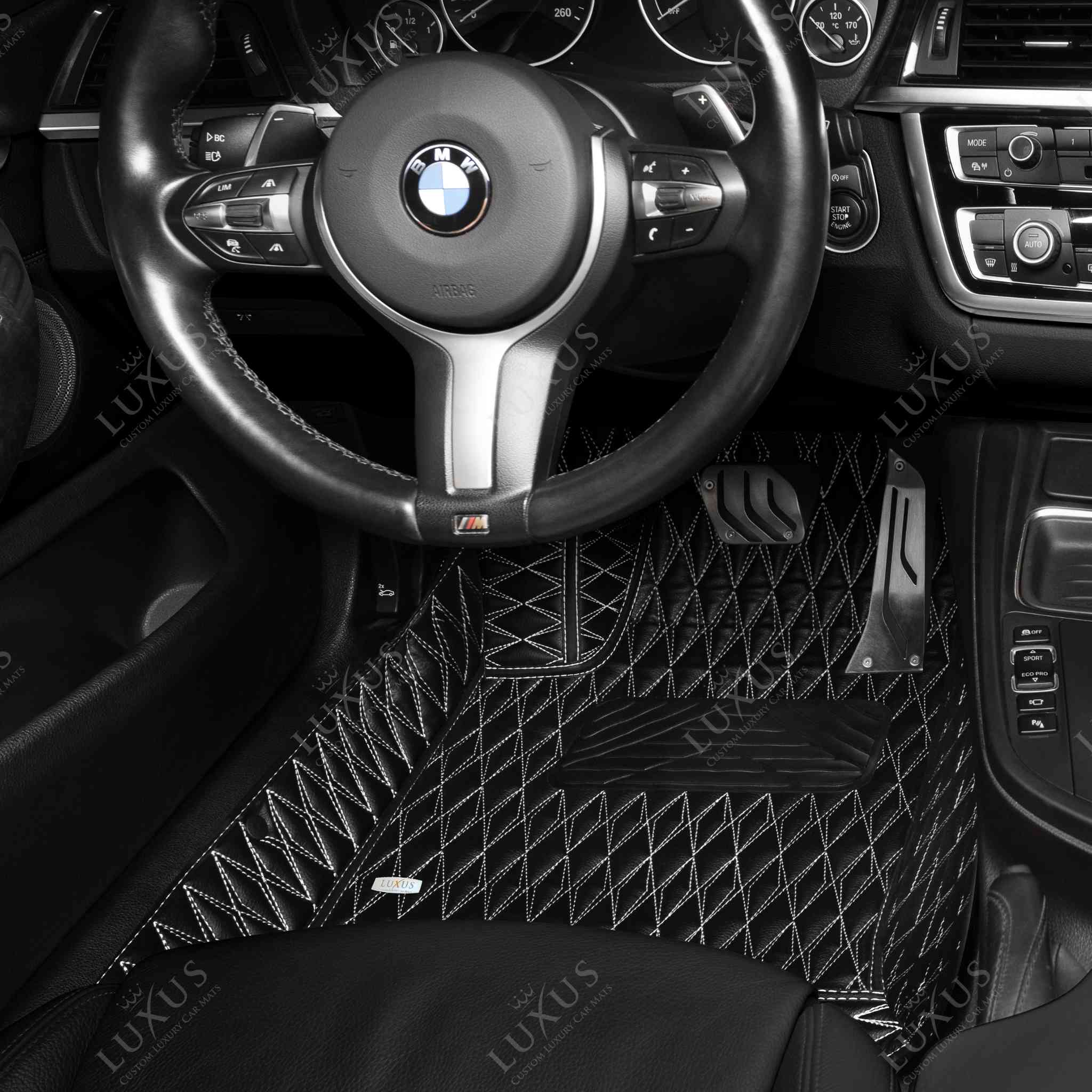 Luxus Premium Twin-Diamond Custom Luxury Car Mats Set | Black & White Stitching