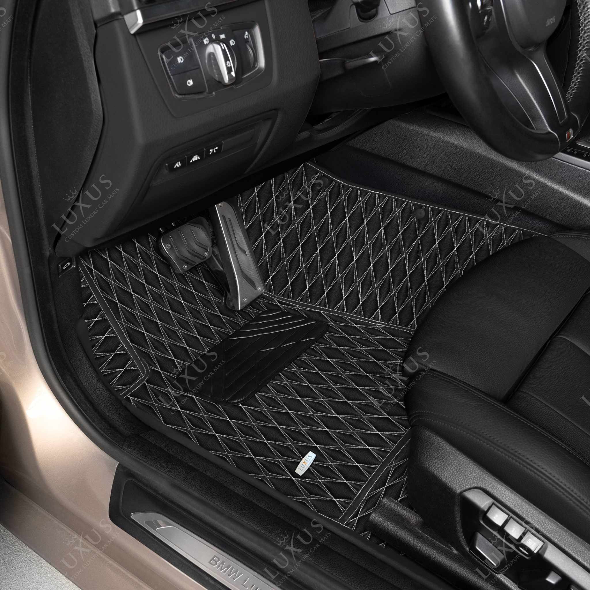 Luxus Premium Twin-Diamond Custom Luxury Car Mats Set | Black & White Stitching