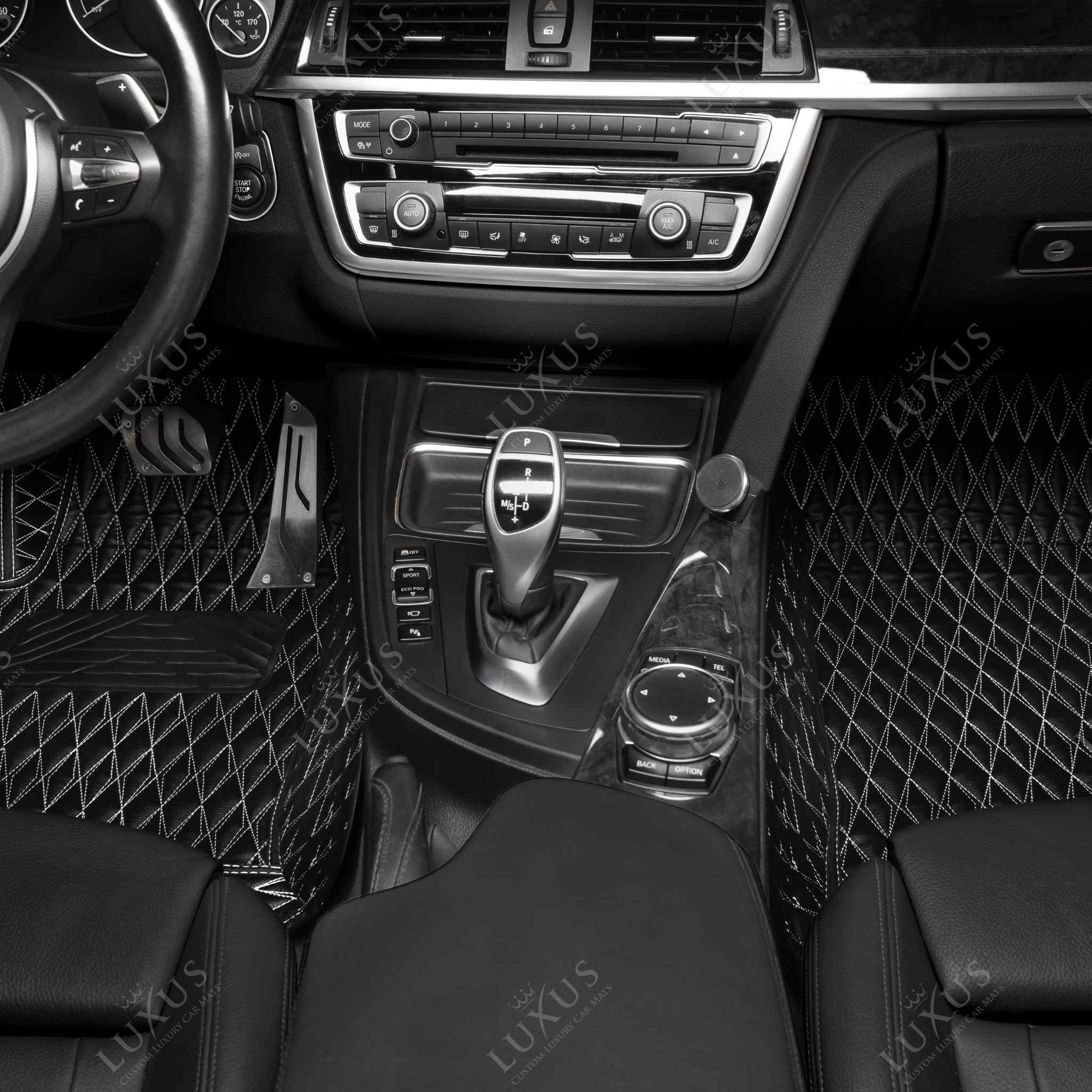 Luxus Premium Twin-Diamond Custom Luxury Car Mats Set | Black & White Stitching
