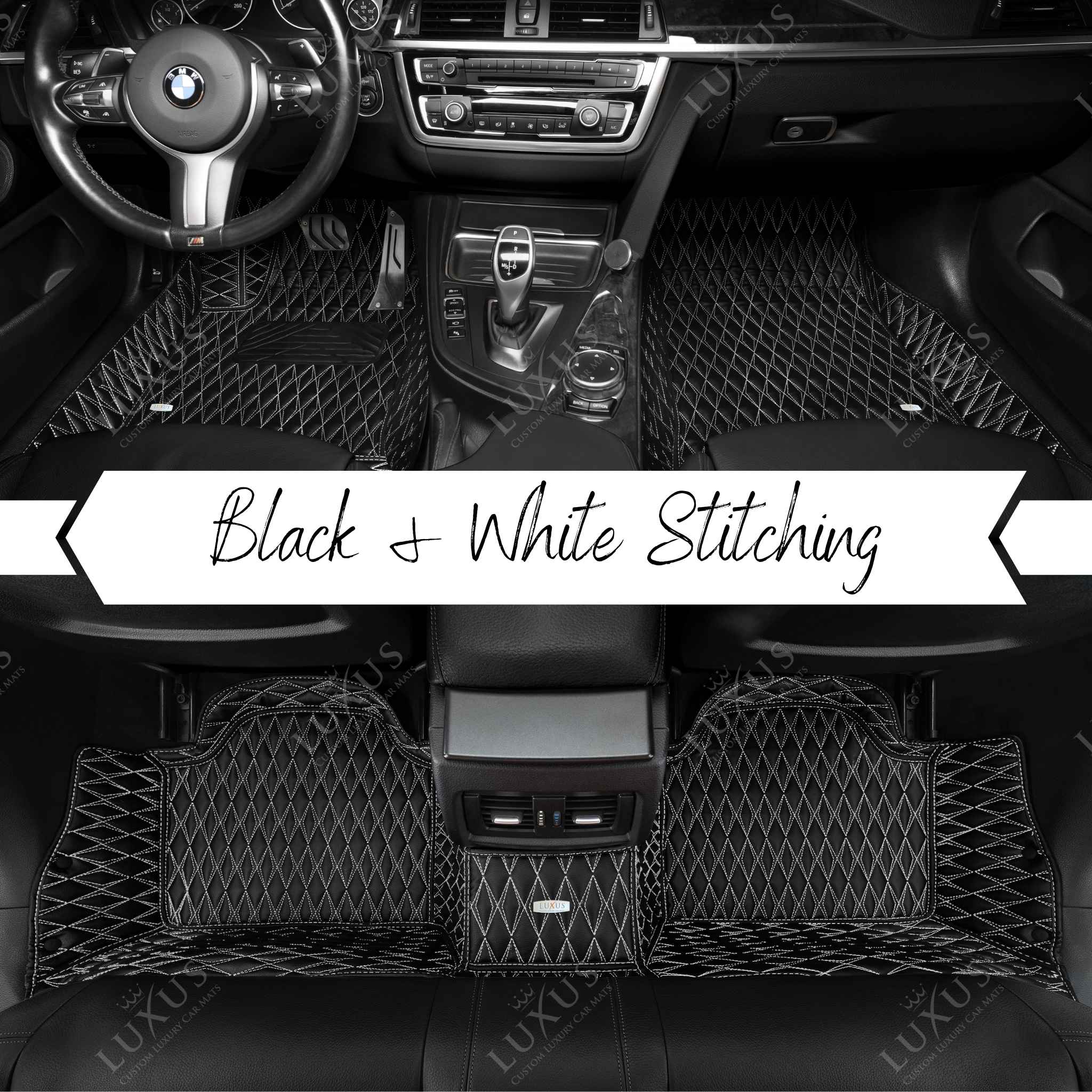 Twin-Diamond Black & White Stitching Luxury Car Mats Set