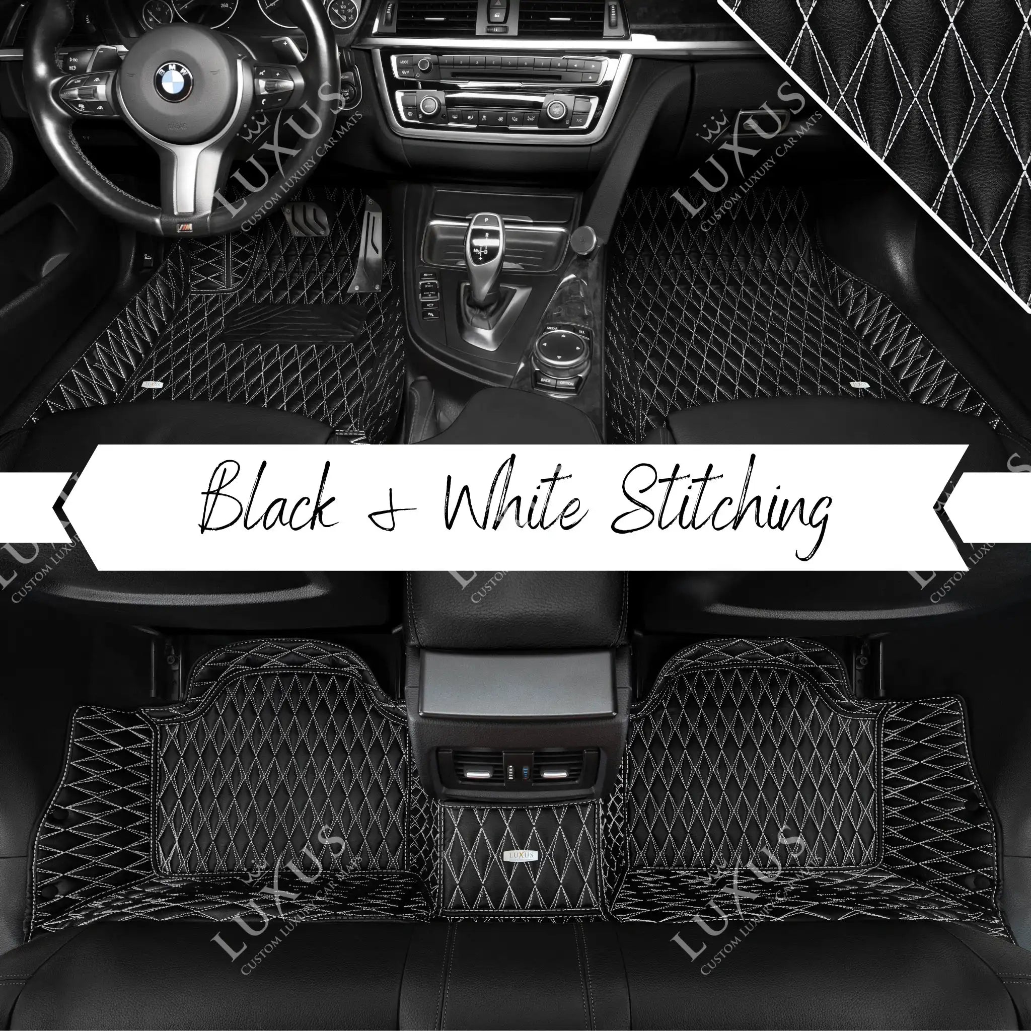 Luxus Premium Twin-Diamond Custom Luxury Car Mats Set | Black & White Stitching
