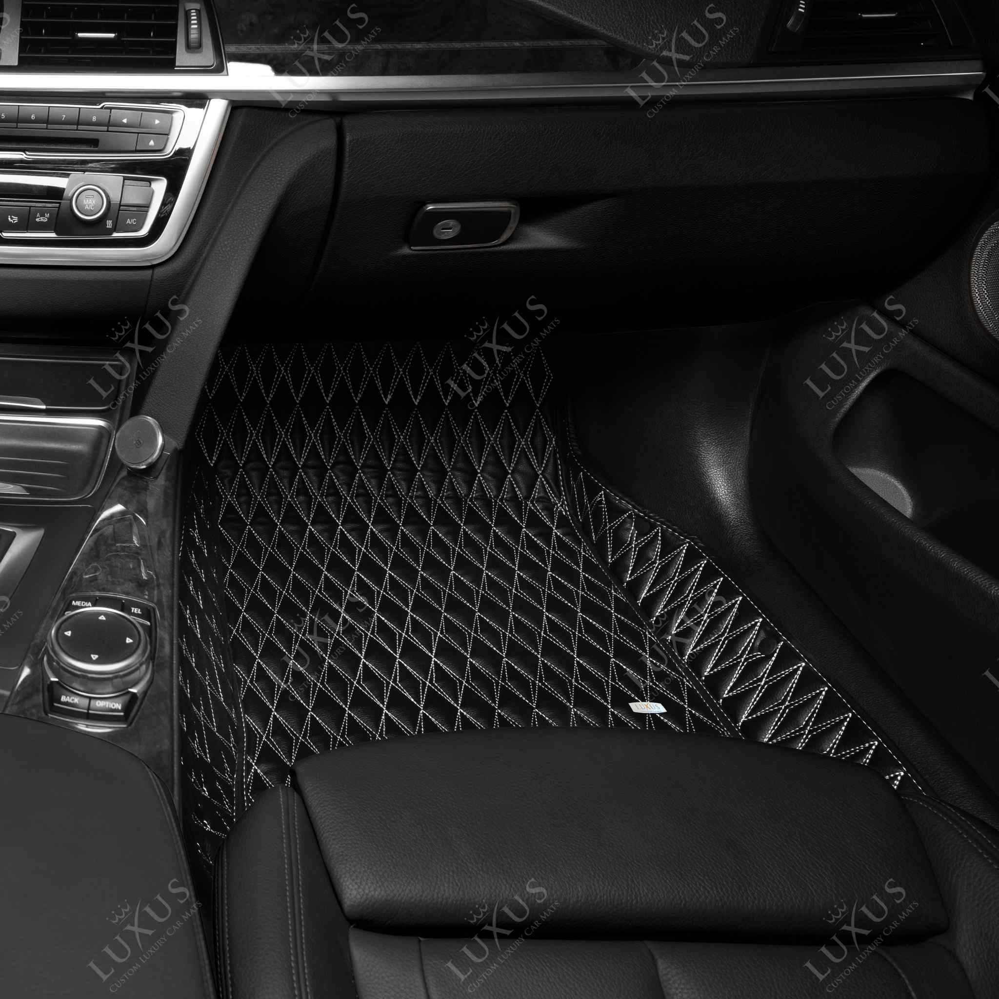 Luxus Premium Twin-Diamond Custom Luxury Car Mats Set | Black & White Stitching
