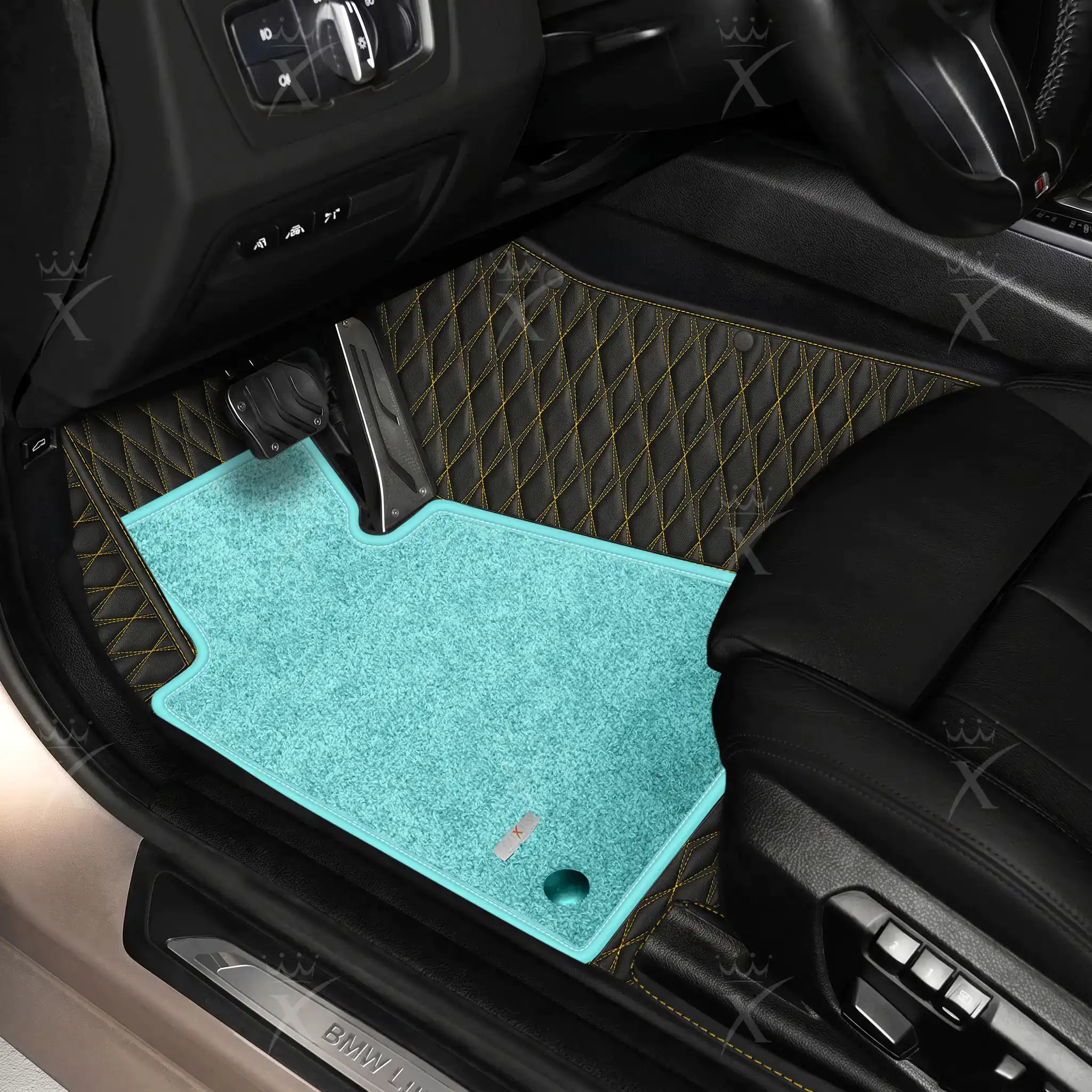 Luxus Twin-Diamond Double Layer Series Floor Mats | Black & Yellow Stitching & Aqua Frost Top Carpet