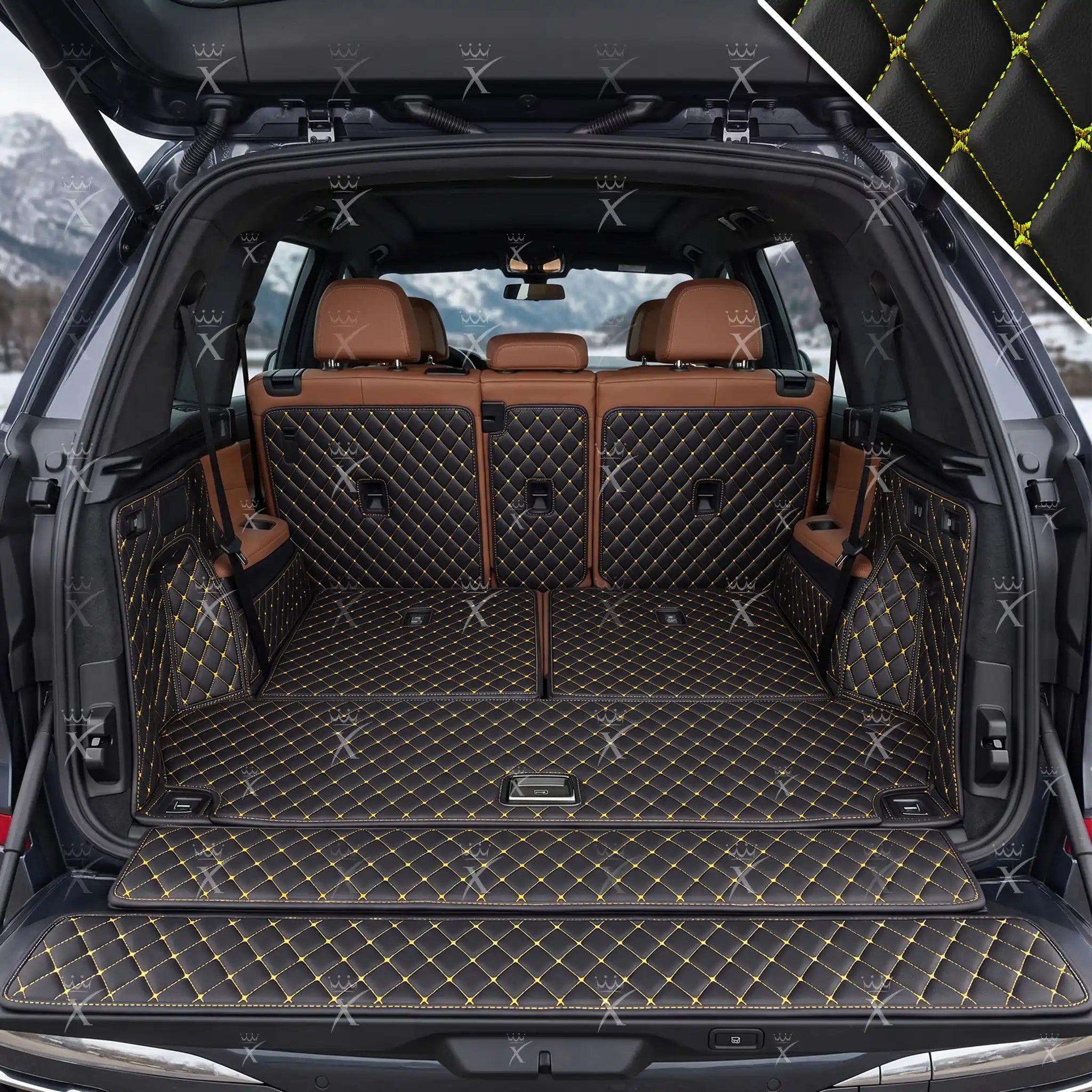 Luxus Diamond 360Fit Series Trunk Mat | Black & Yellow Stitching