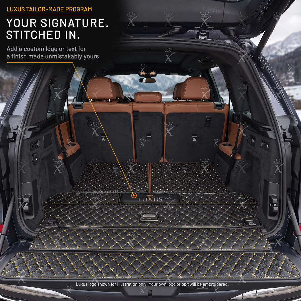Luxus Diamond BaseFit Series Trunk Mat | Black & Yellow Stitching