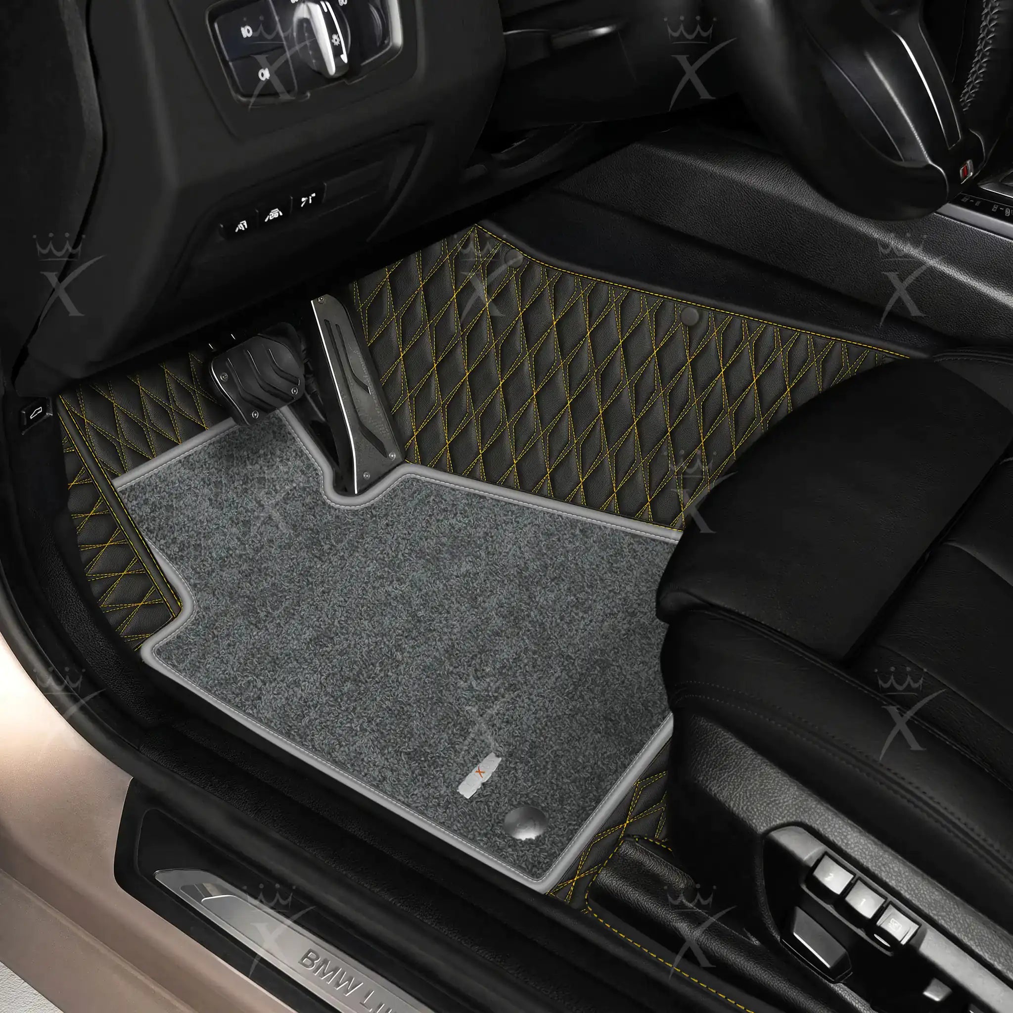 Luxus Twin-Diamond Double Layer Series Floor Mats | Black & Yellow Stitching & Graphite Shadow Top Carpet