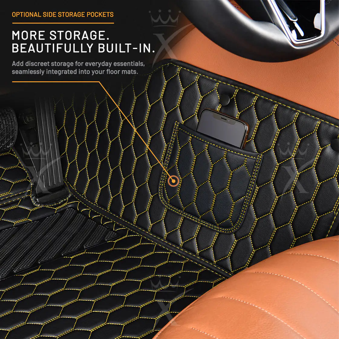 Luxus Honeycomb Series Floor Mats | Black & Yellow Stitching