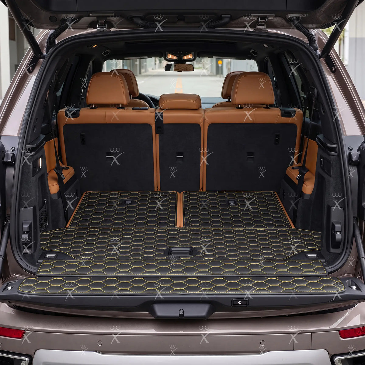 Luxus Honeycomb BaseFit Series Trunk Mat | Black & Yellow Stitching