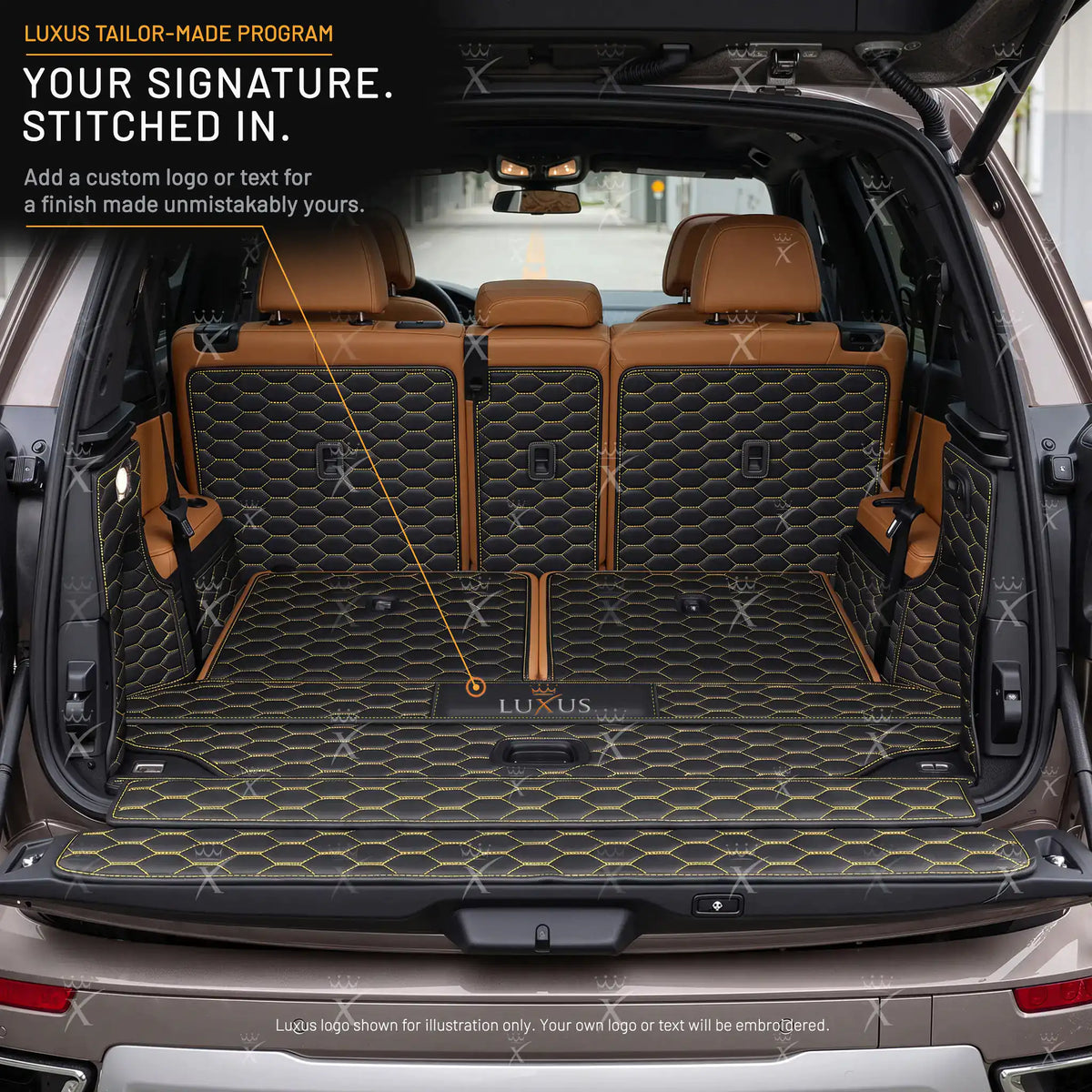 Luxus Honeycomb 360Fit Series Trunk Mat | Black & Yellow Stitching