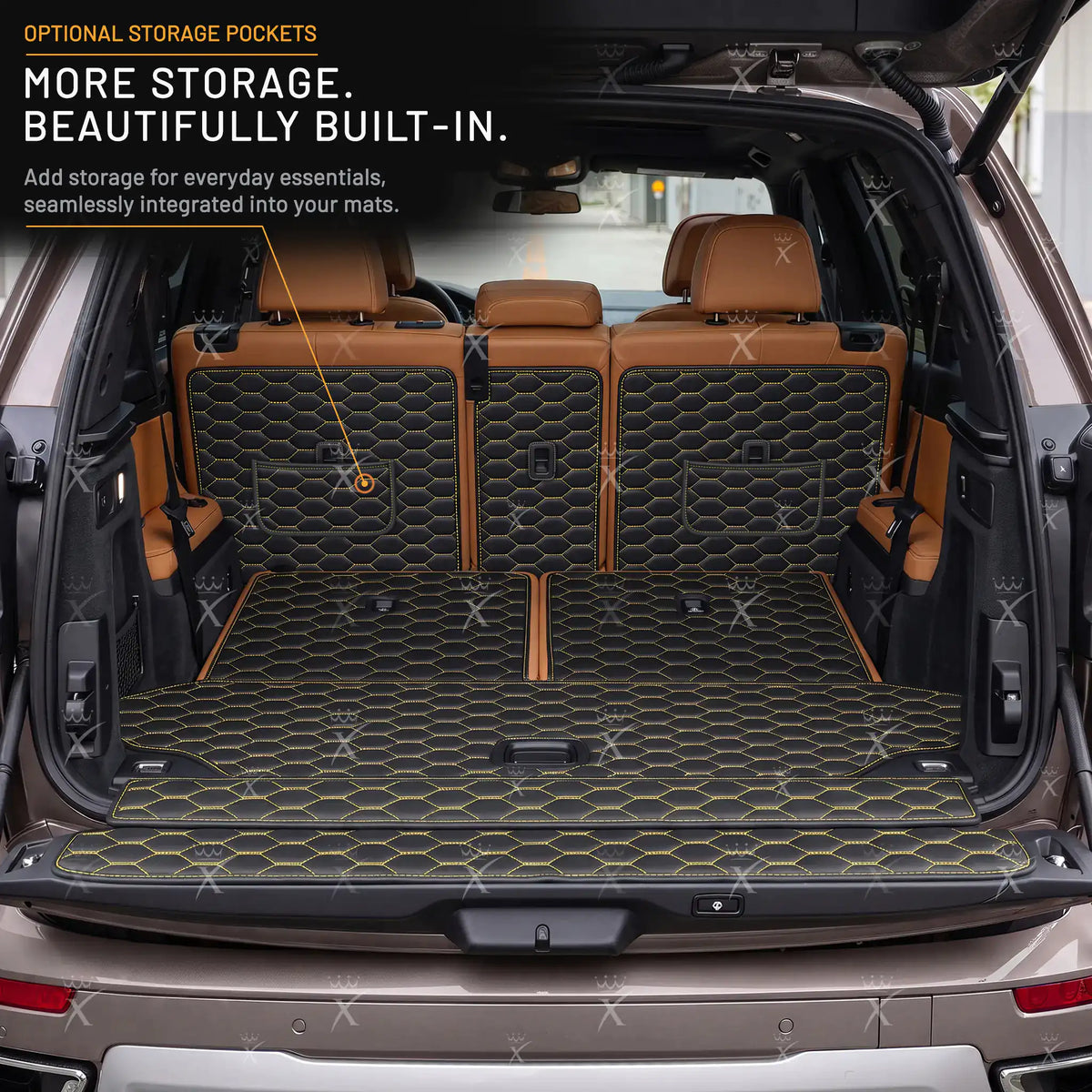 Luxus Honeycomb XtendFit Series Trunk Mat | Black & Yellow Stitching
