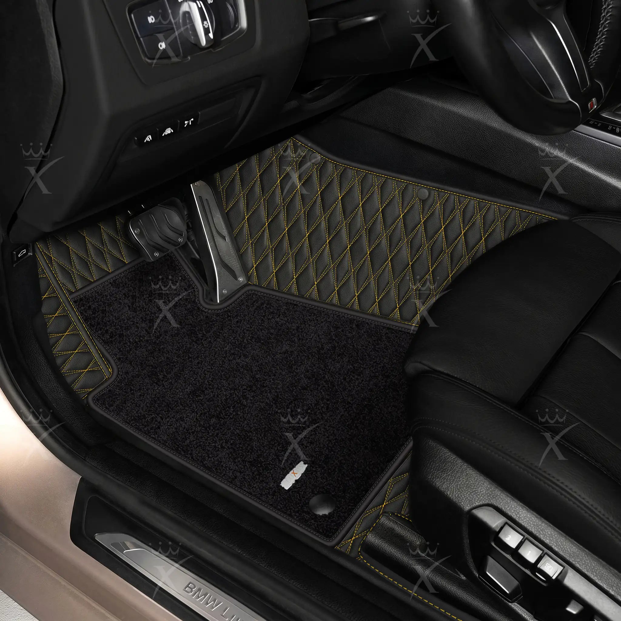 Luxus Twin-Diamond Double Layer Series Floor Mats | Black & Yellow Stitching & Onyx Charcoal Top Carpet