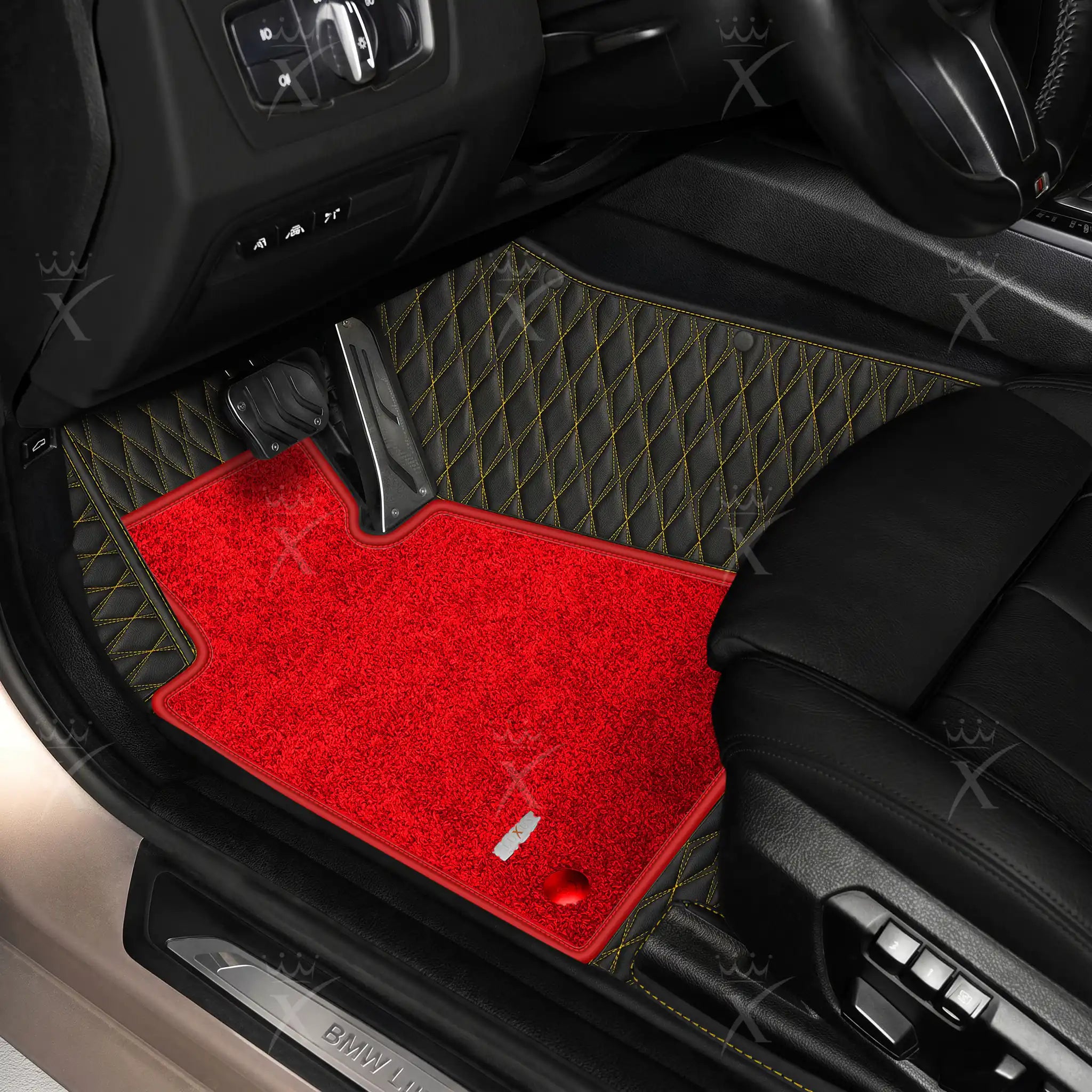 Luxus Twin-Diamond Double Layer Series Floor Mats | Black & Yellow Stitching & Rosso Corsa Top Carpet
