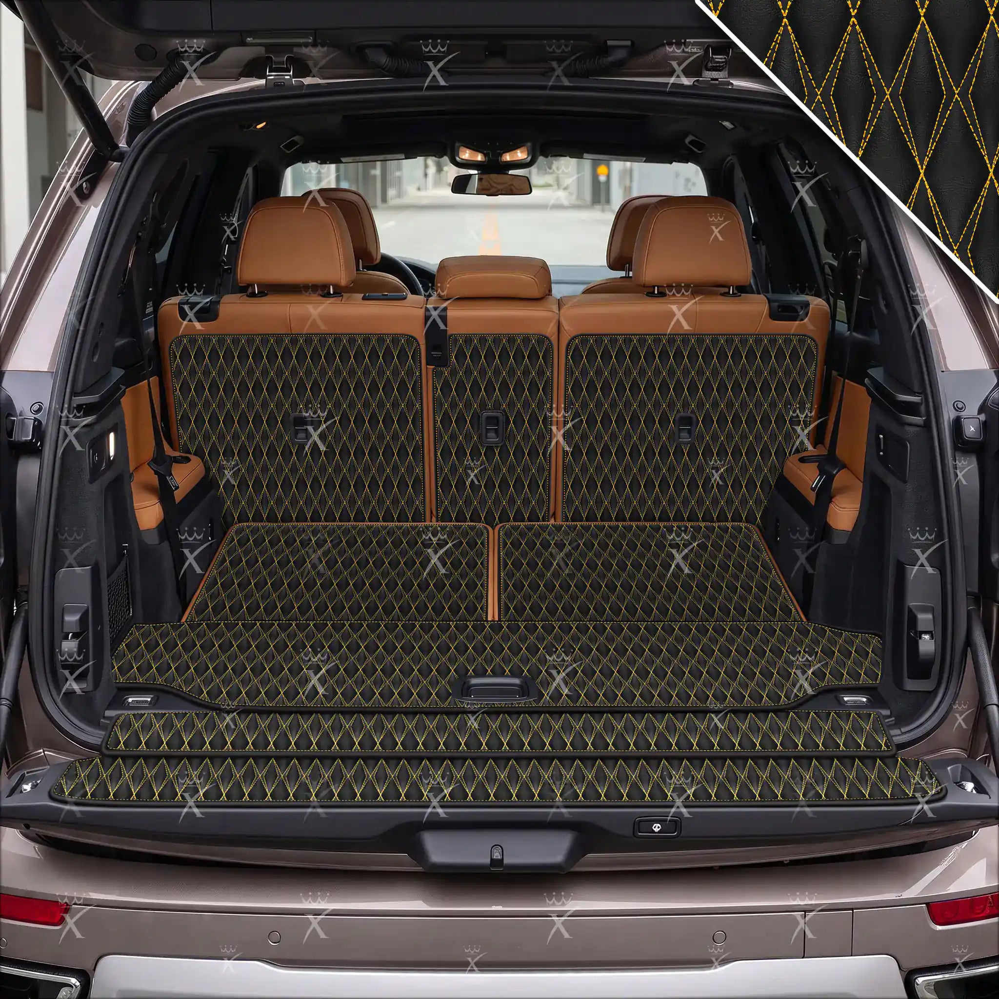 Luxus Car Mats™ – 3D-Luxus-Leder-Kofferraum-/Kofferraummatte in Schwarz und Schwarz mit Nähten