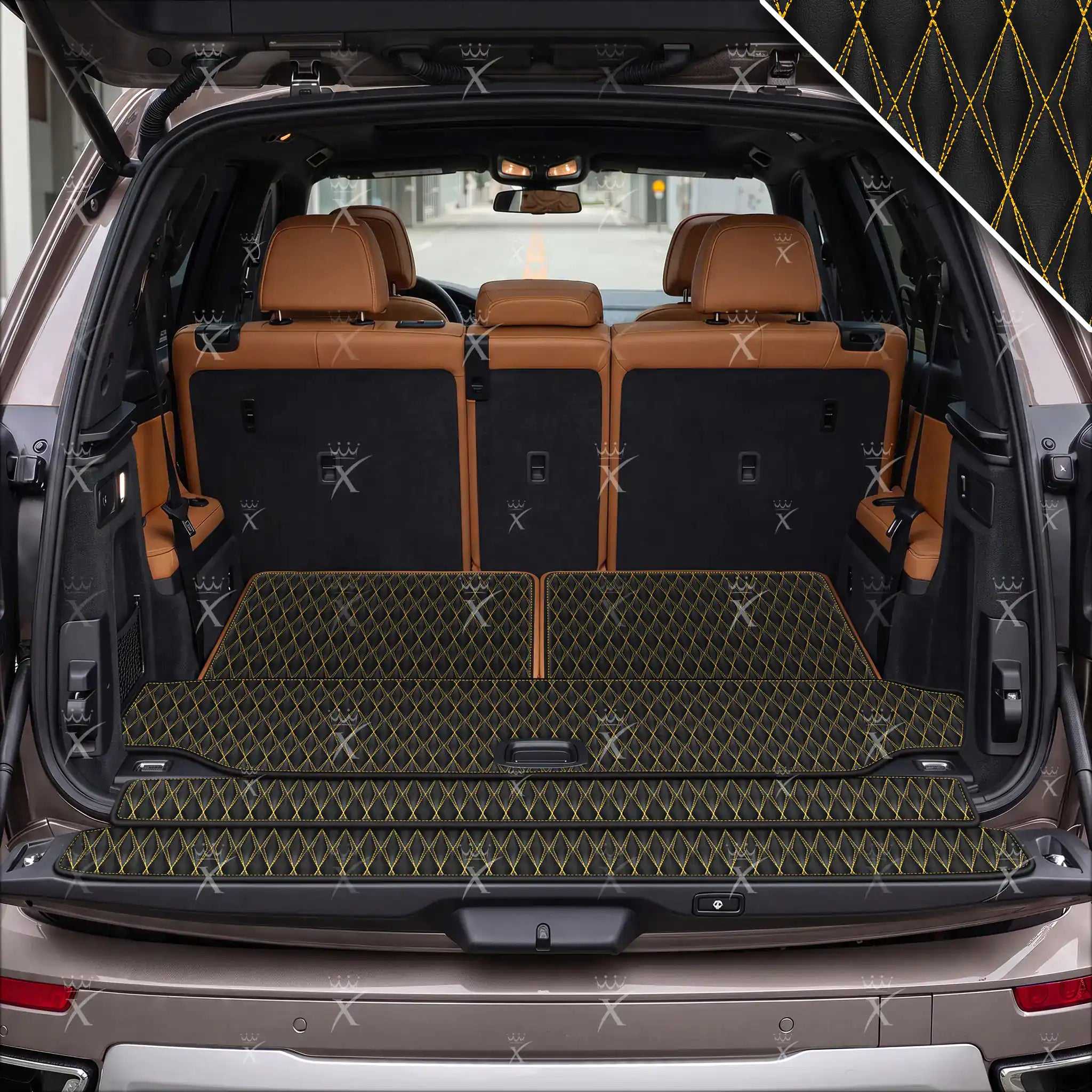 Luxus Twin-Diamond Base Series Trunk Mat | Black & Yellow Stitching