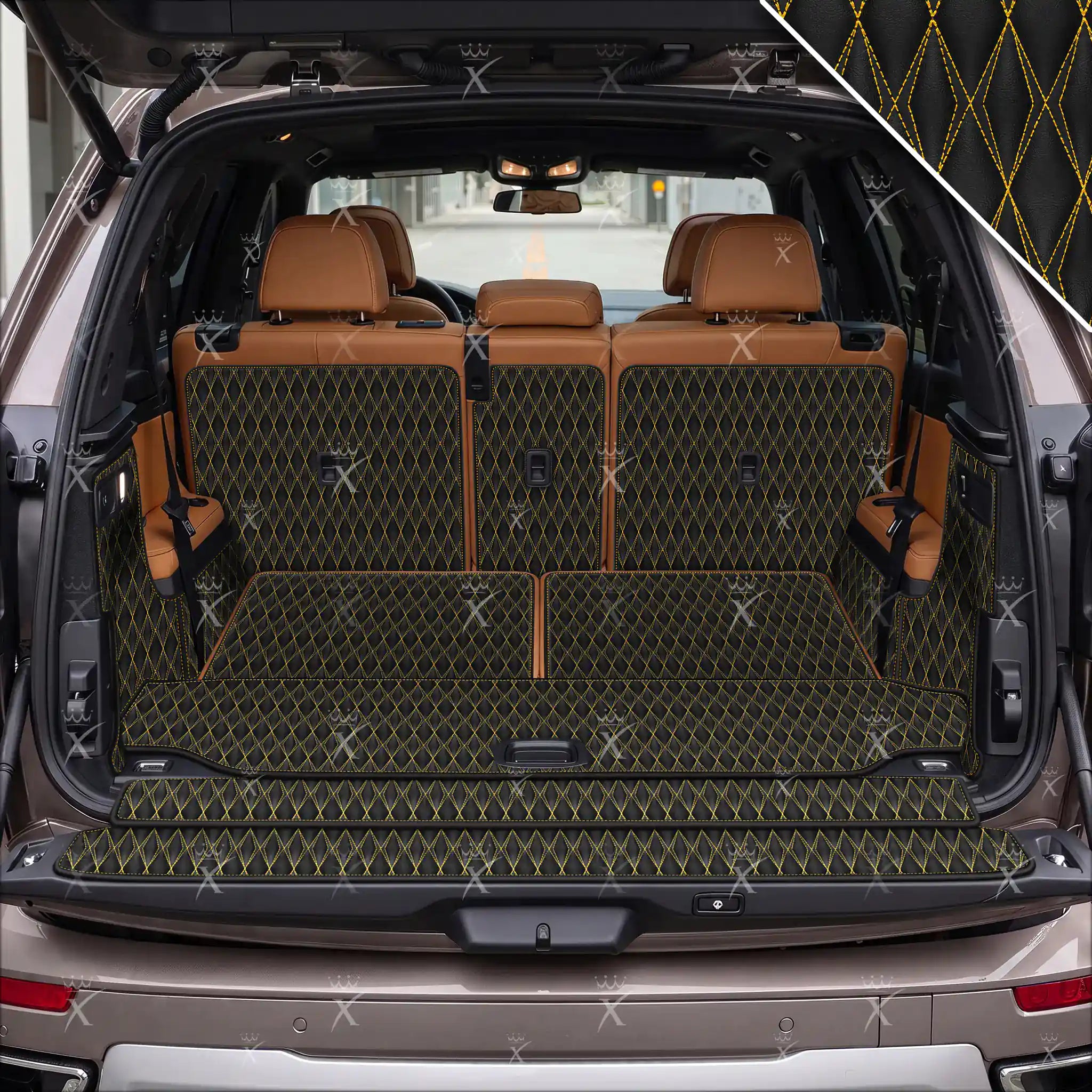Luxus Car Mats™ – 3D-Luxus-Leder-Kofferraum-/Kofferraummatte in Schwarz und Schwarz mit Nähten