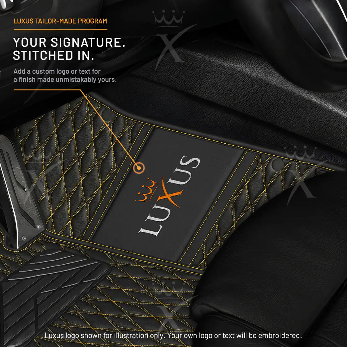 Luxus Twin-Diamond Double Layer Series Floor Mats | Black & Yellow Stitching & Aqua Frost Top Carpet