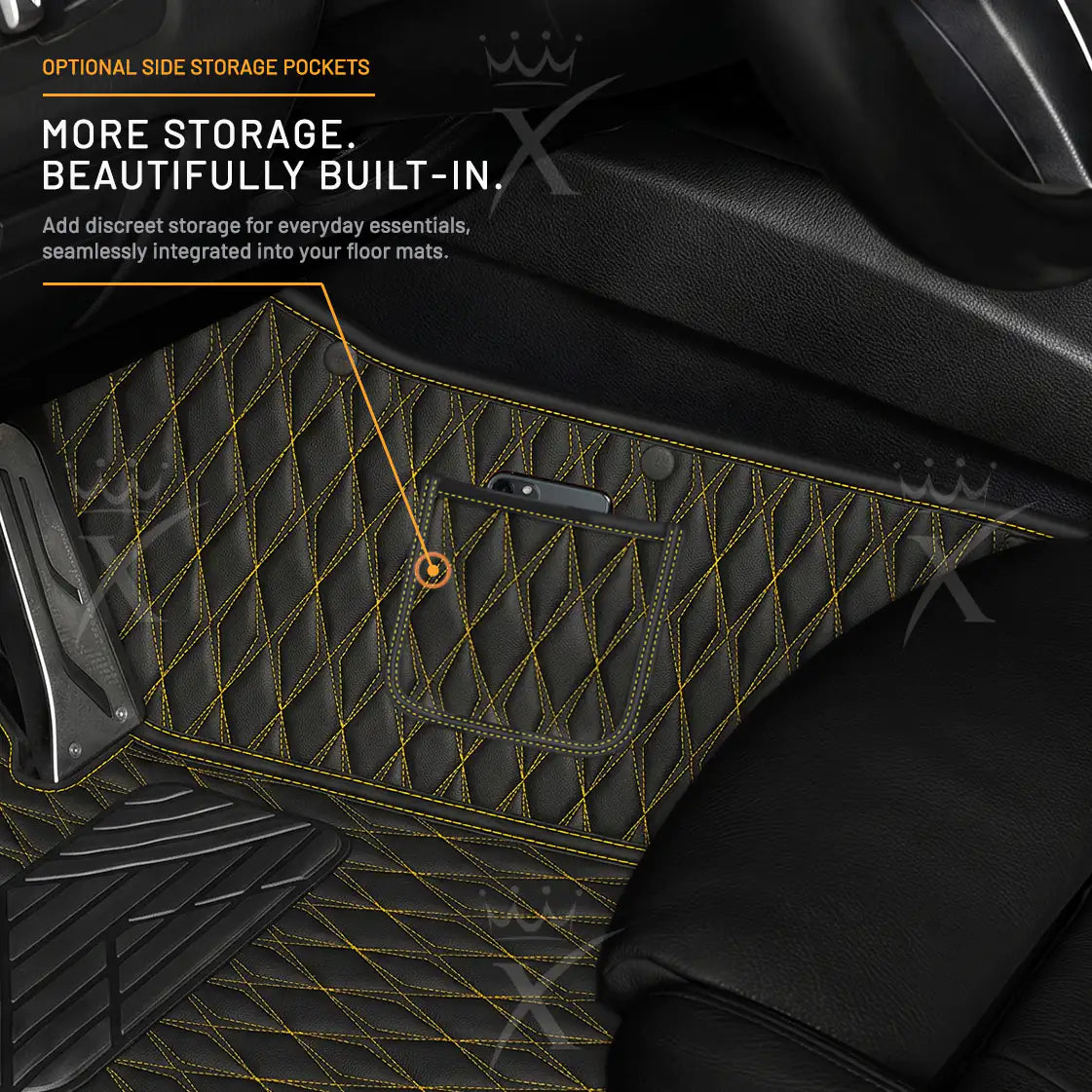 Luxus Twin-Diamond Double Layer Series Floor Mats | Black & Yellow Stitching & Bordeaux Wine Top Carpet