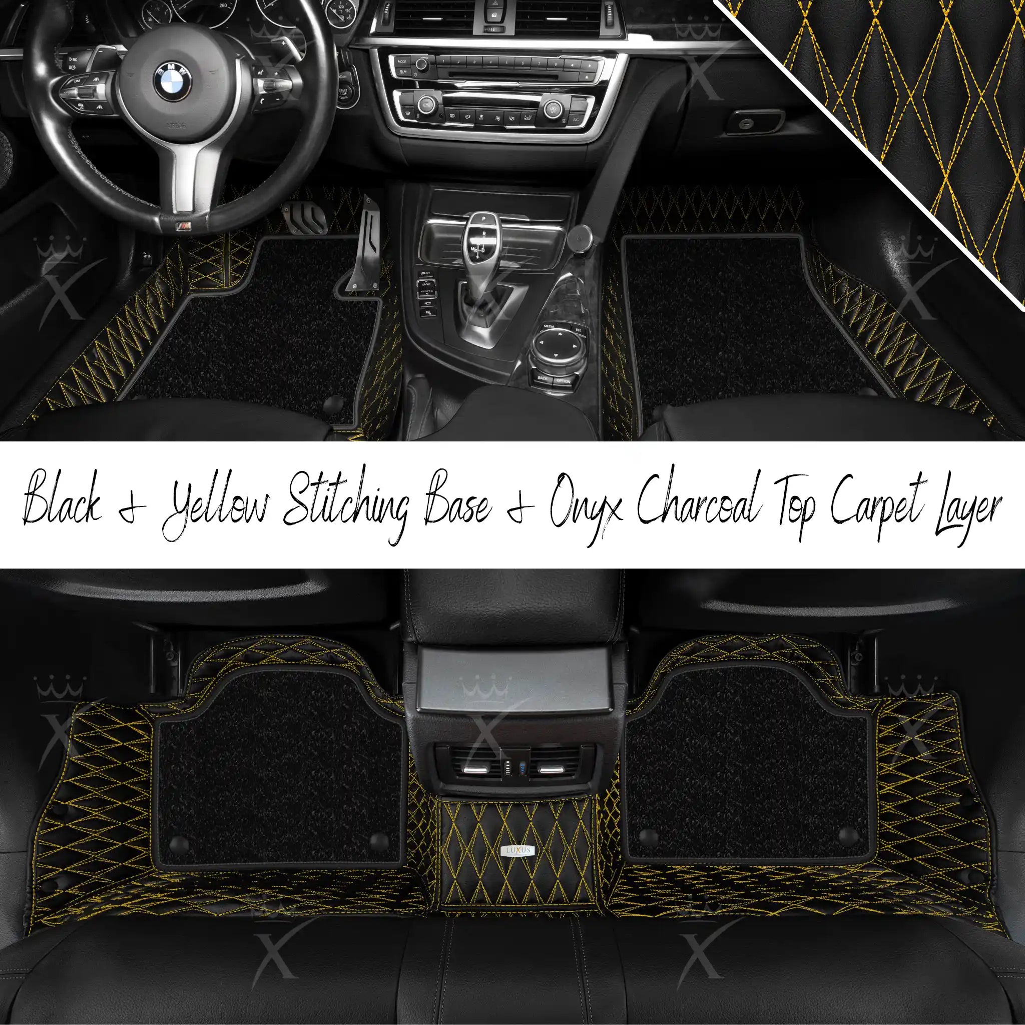 Black & Yellow Stitching Twin Diamond & Onyx Charcoal Carpet | Double Layer Luxury Car Mats Set