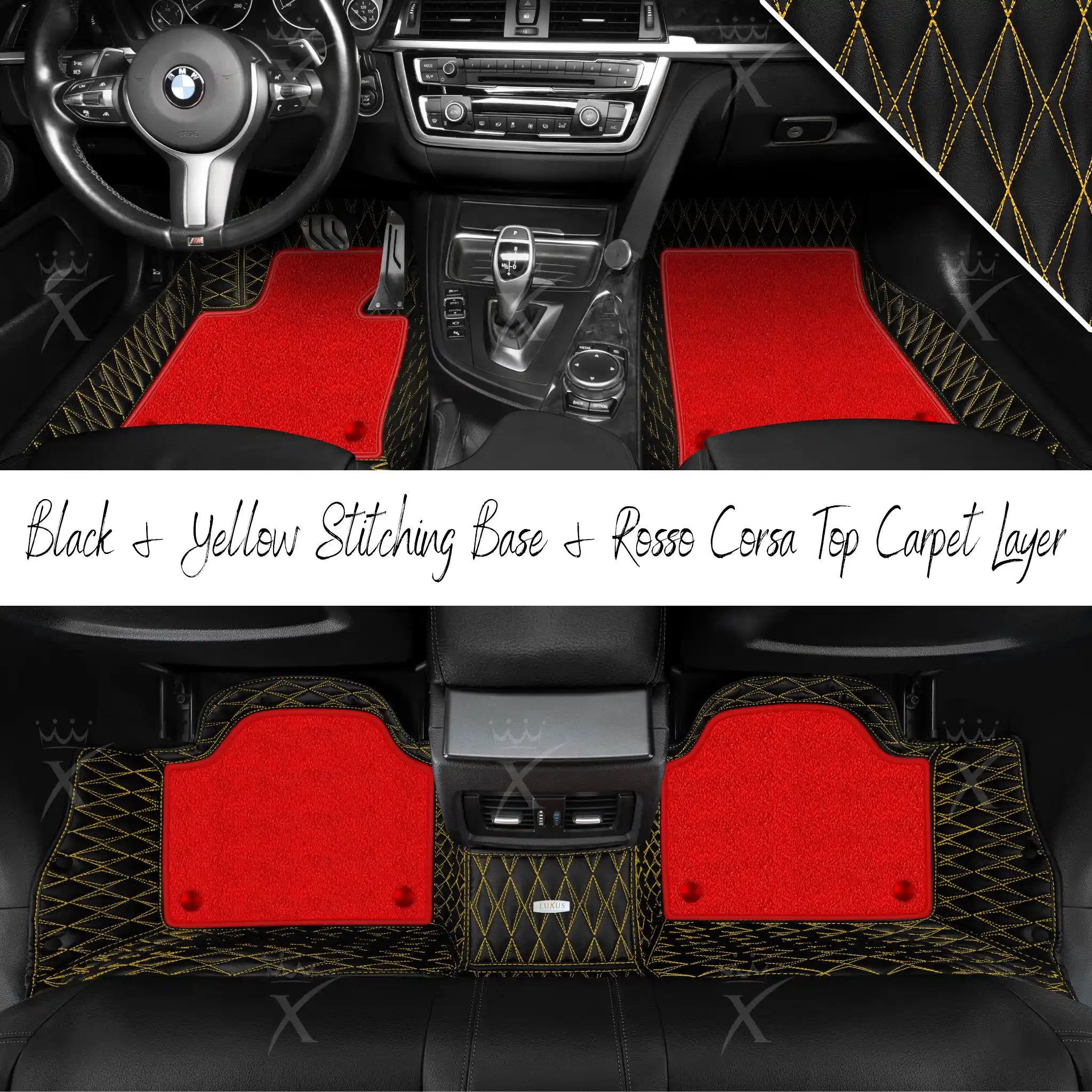 Black & Yellow Stitching Twin Diamond & Rosso Corsa Carpet | Double Layer Luxury Car Mats Set
