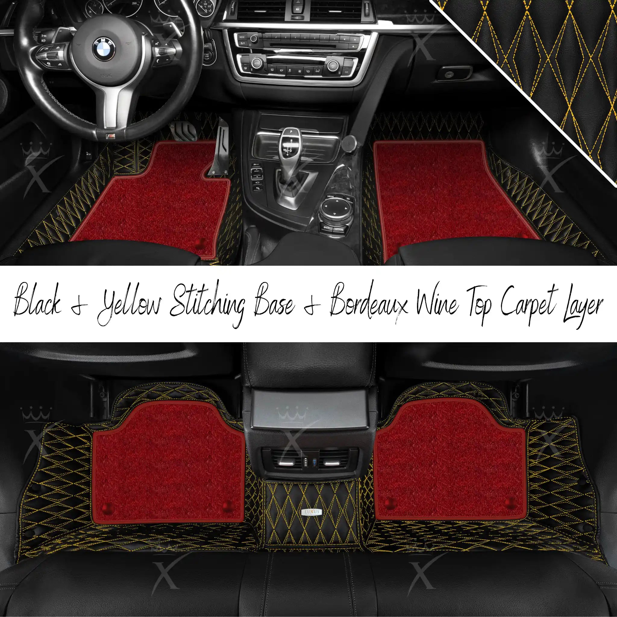 Black & Yellow Stitching Twin Diamond & Bordeaux Wine Carpet | Double Layer Luxury Car Mats Set