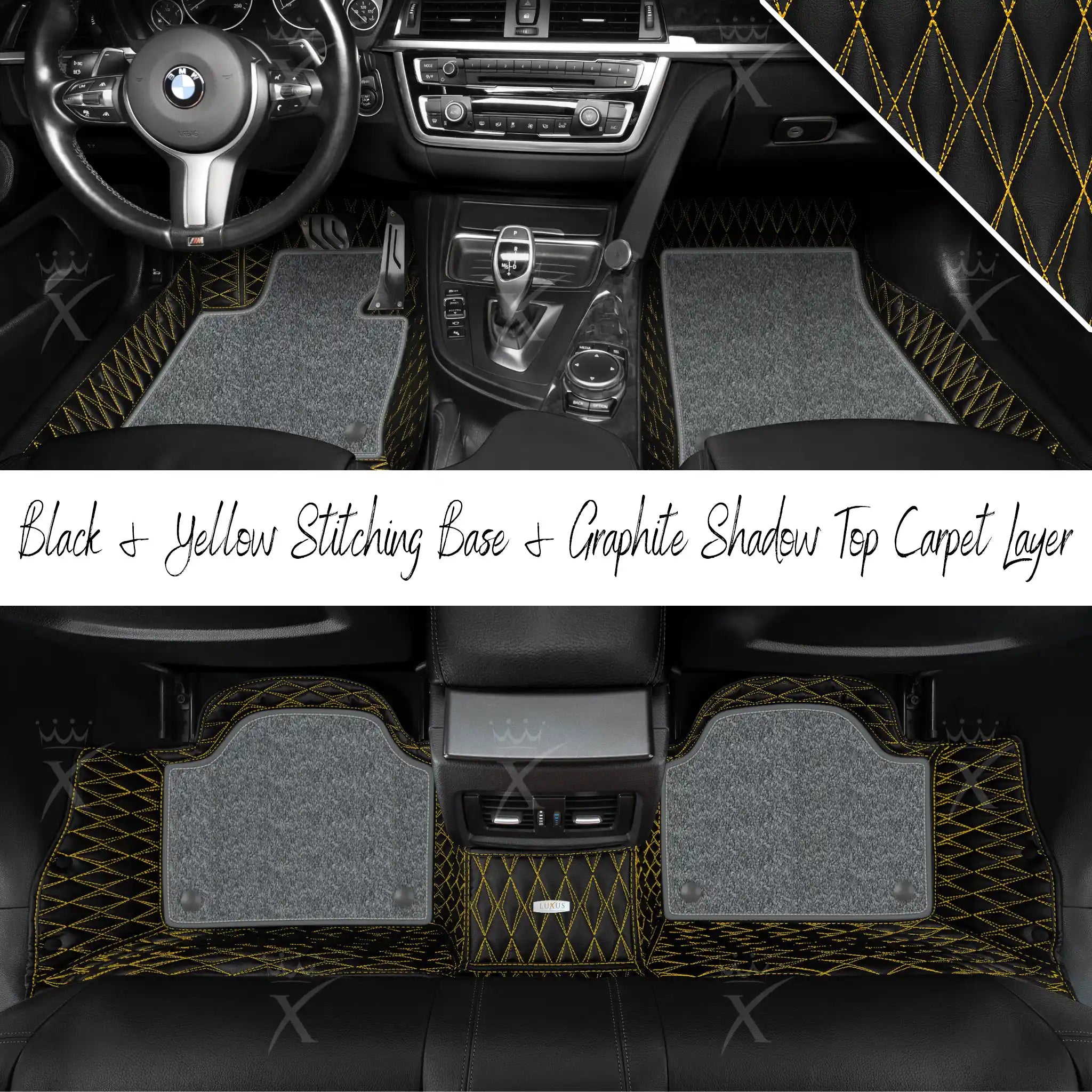 Black & Yellow Stitching Twin Diamond & Graphite Shadow Carpet | Double Layer Luxury Car Mats Set